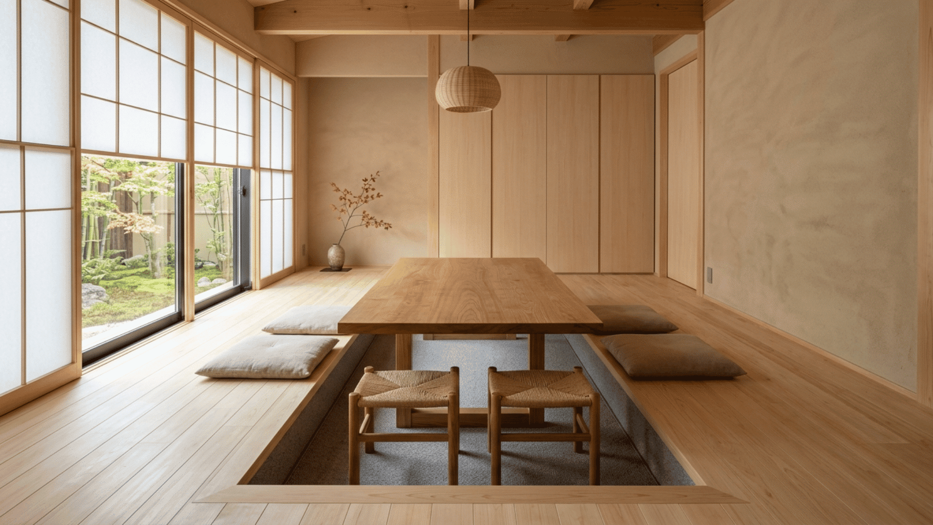 Japanese dining room with a low wooden table, floor cushions, and shoji screens
