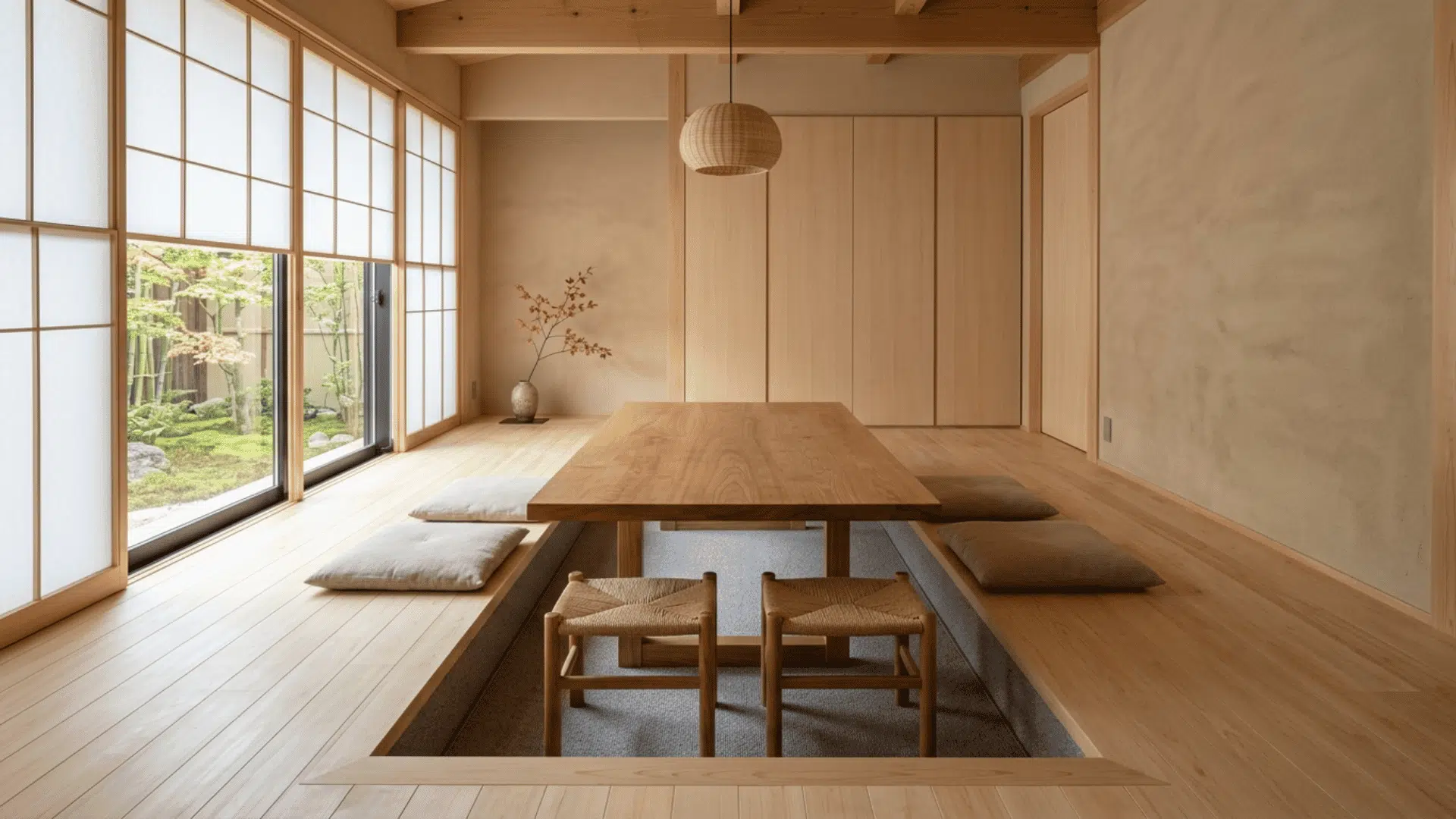 Japanese dining room with a low wooden table, floor cushions, and shoji screens