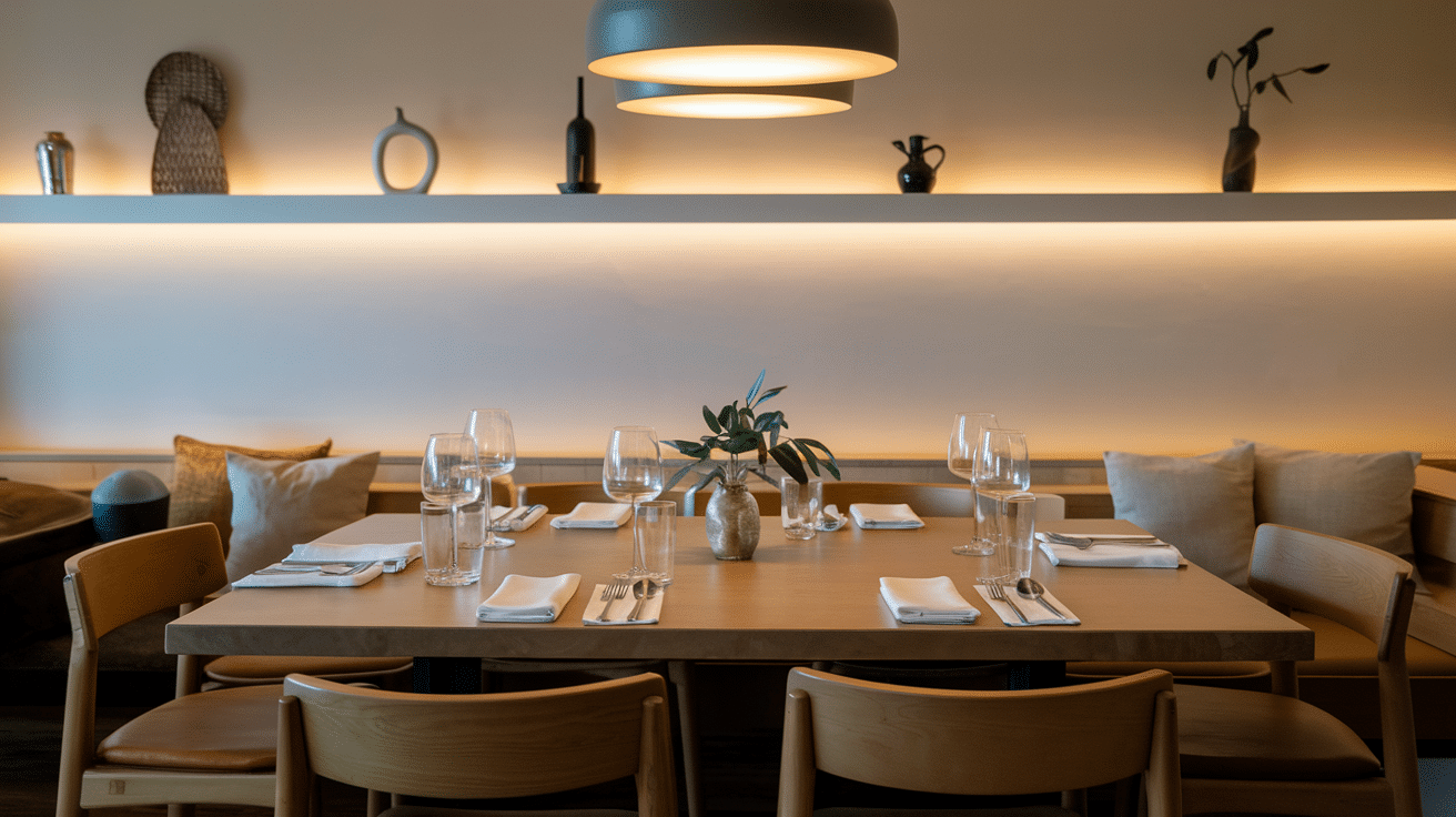 long wooden dining table set with glassware beneath warm pendant lighting