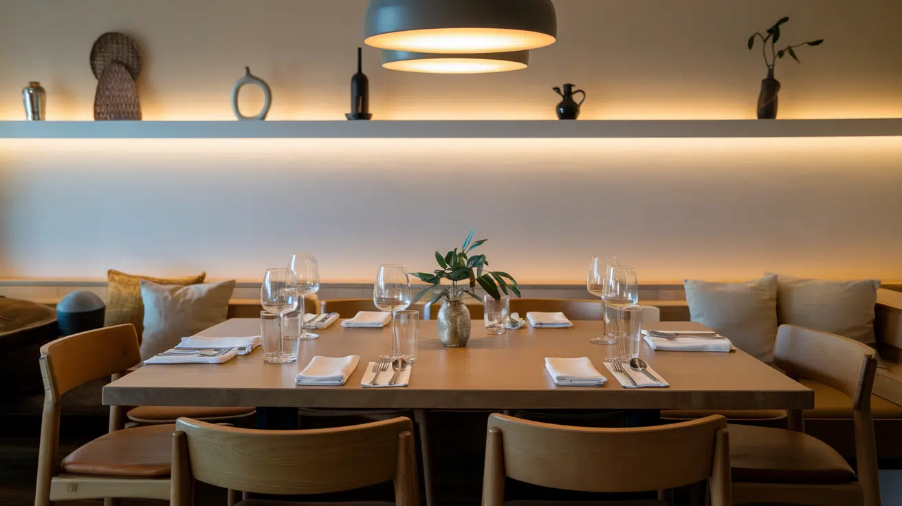 long wooden dining table set with glassware beneath warm pendant lighting
