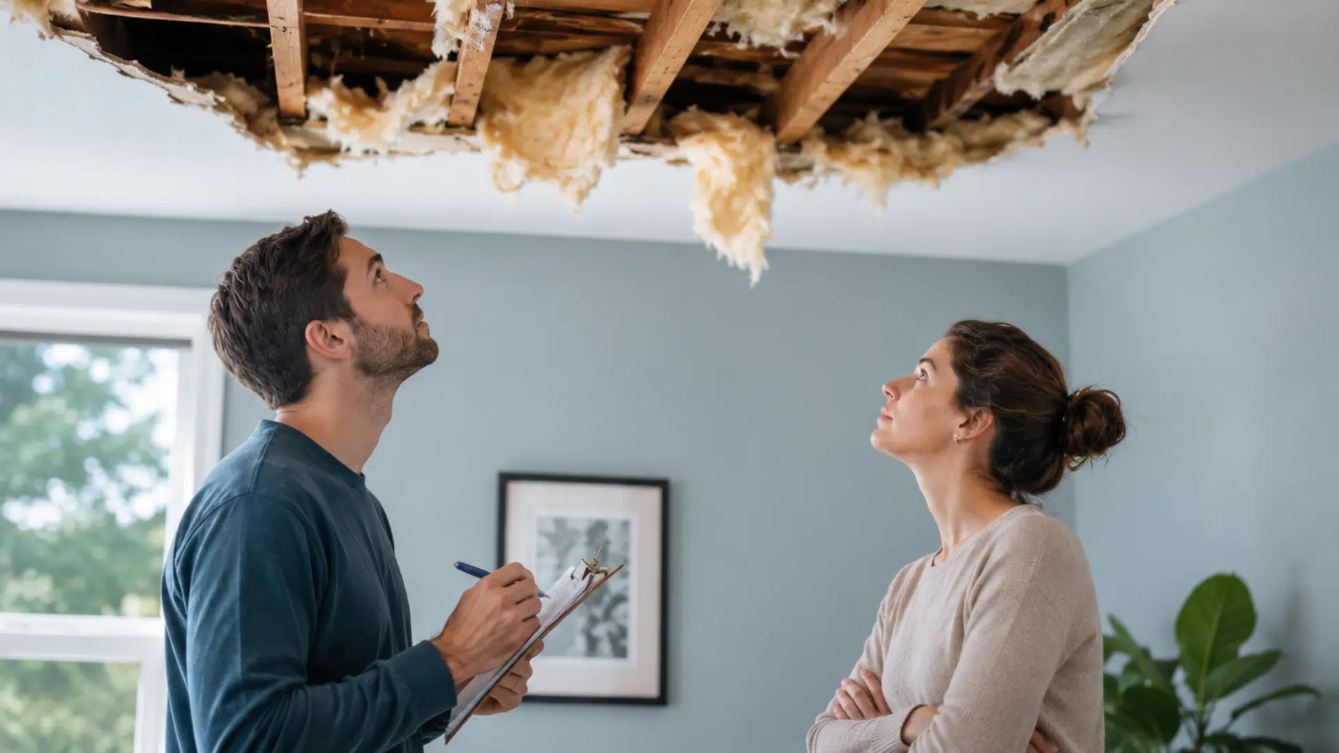 Two people discussing leaking ceiling with water for home insurance coverage
