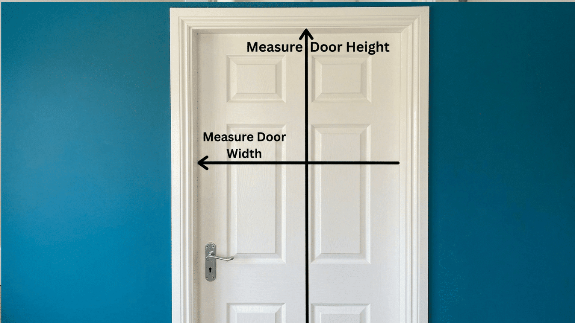 White door with arrows showing how to measure door width and height.