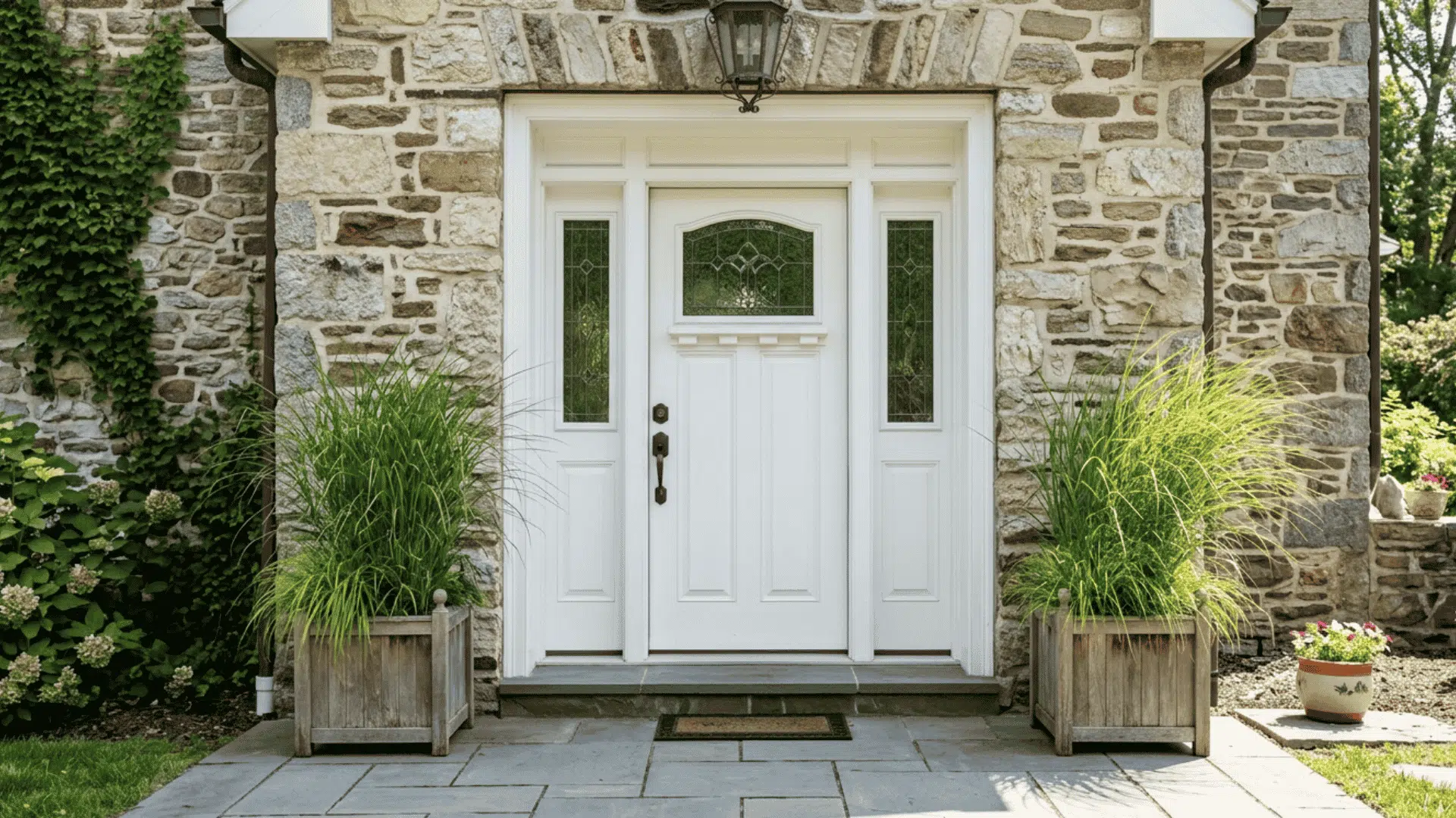 White front door with glass sidelights set in a stone wall with large planters.