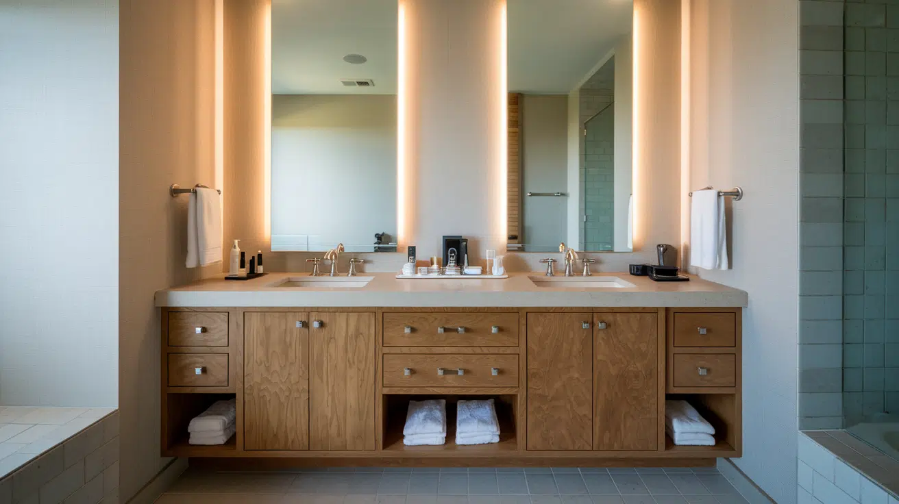 wooden double vanity with two sinks, tall mirrors, drawers, and open shelving