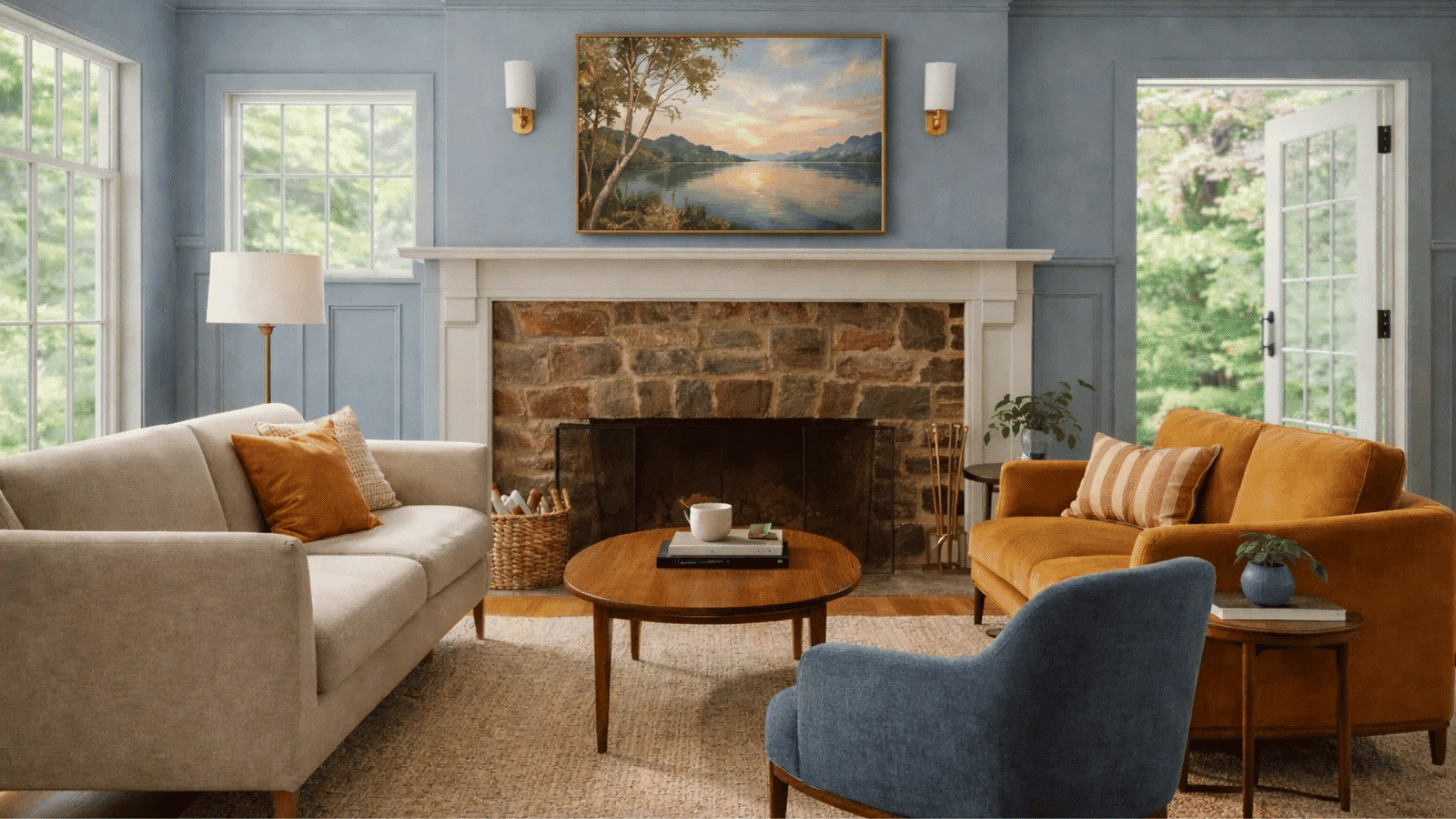 blue drawing room with a stone fireplace, neutral sofa, orange loveseat, and armchair