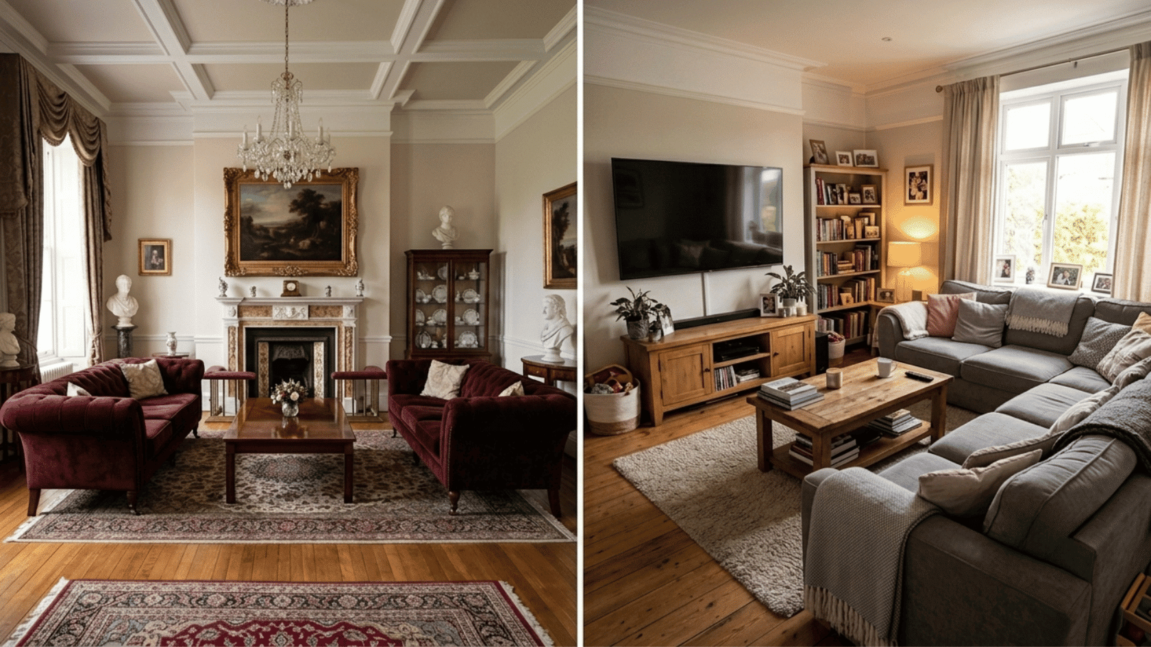 formal drawing room beside a cozy living room with sofas, fireplace, tv, and bookshelves