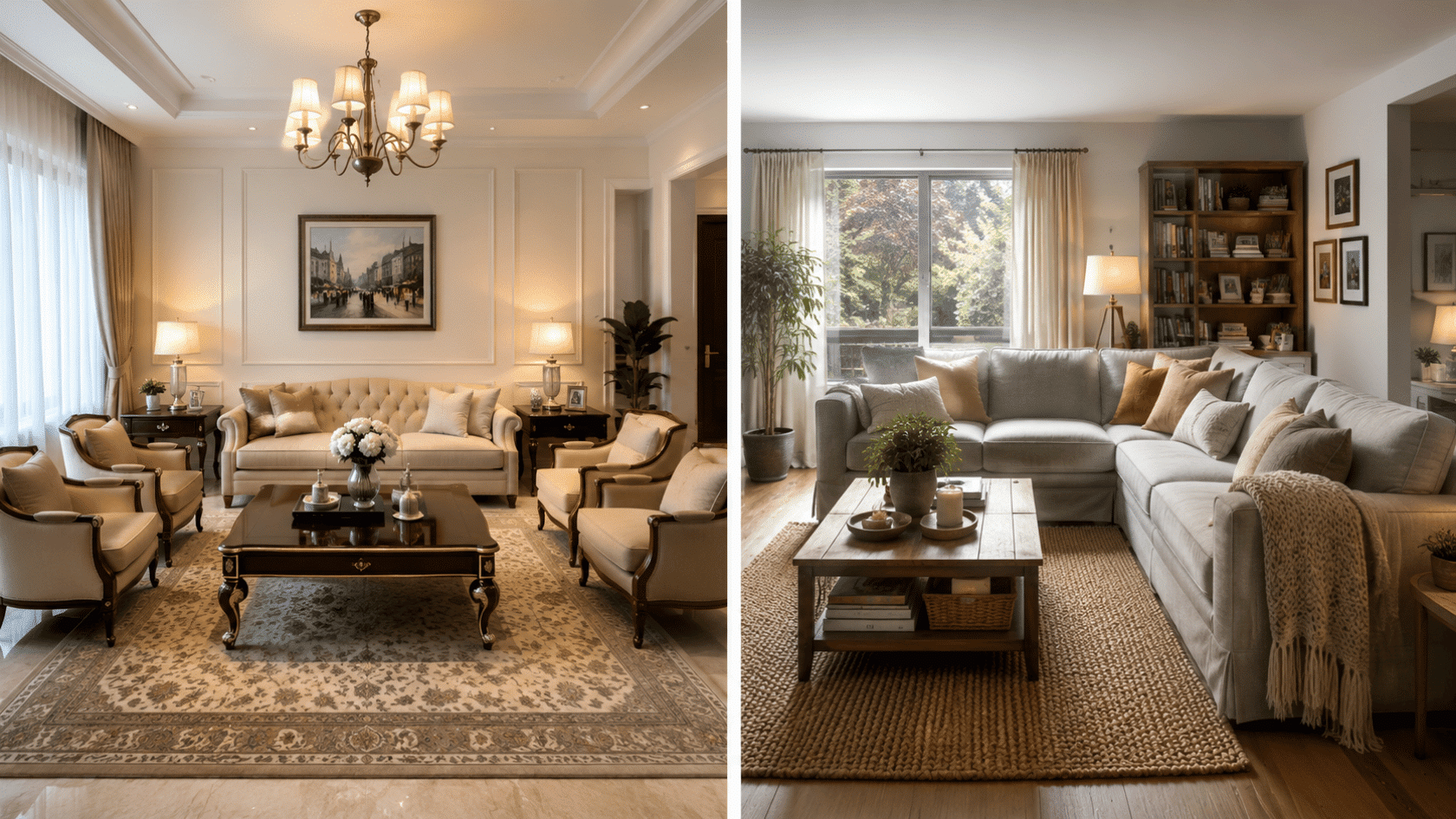 split view comparing a formal drawing room with a relaxed sitting room