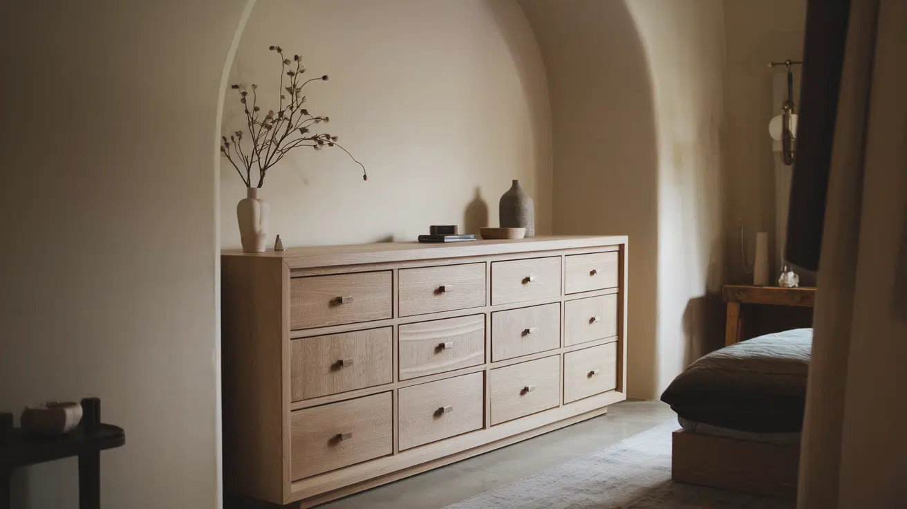 wide wooden dresser with several drawers in a softly lit bedroom