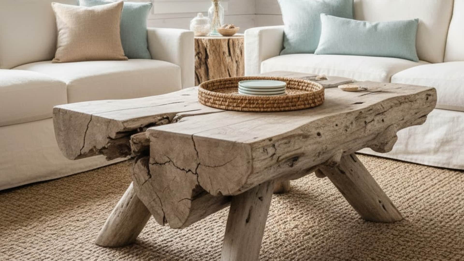 rustic driftwood coffee table in a bright living room with pale blue cushions