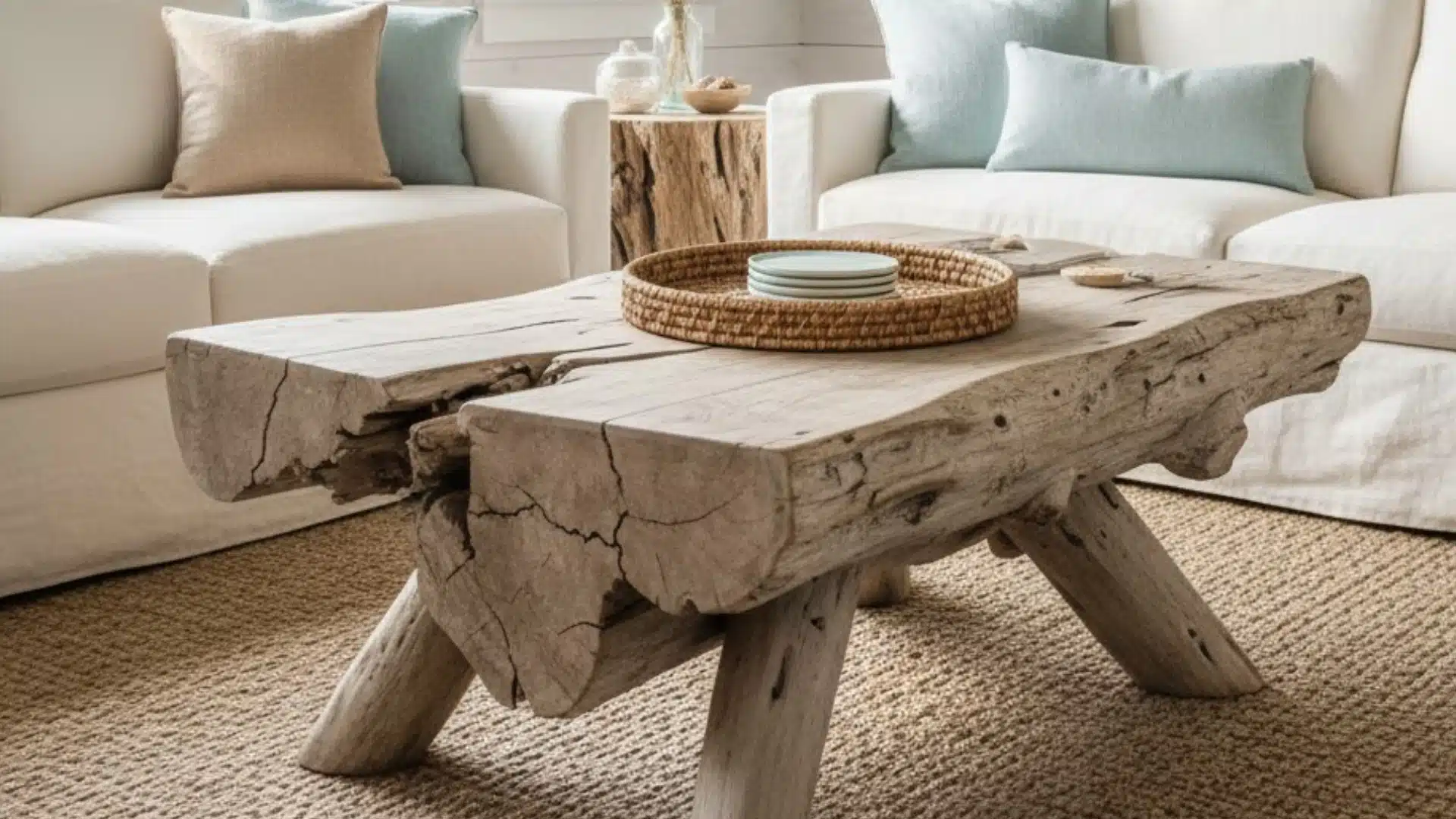 rustic driftwood coffee table in a bright living room with pale blue cushions
