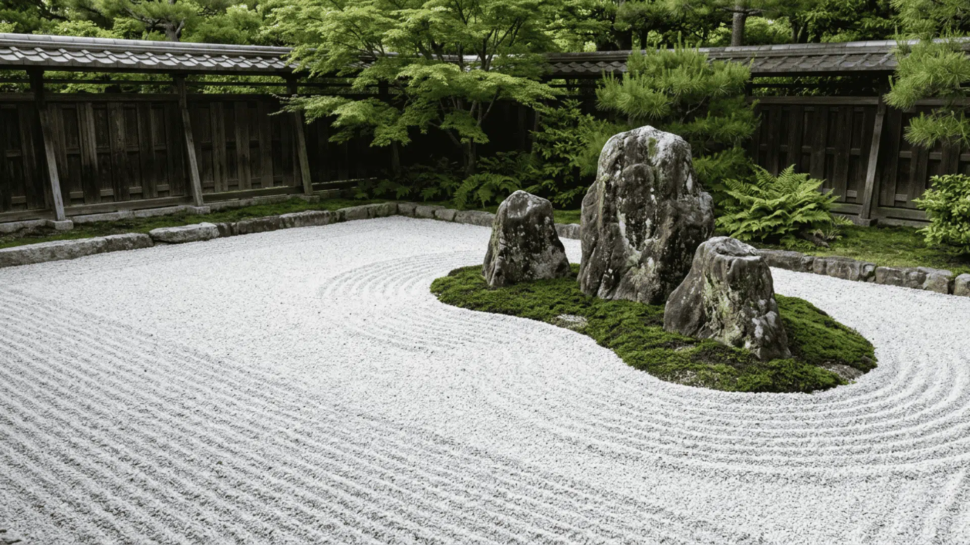 raked white gravel circles moss-covered rocks in a leafy traditional dry garden.