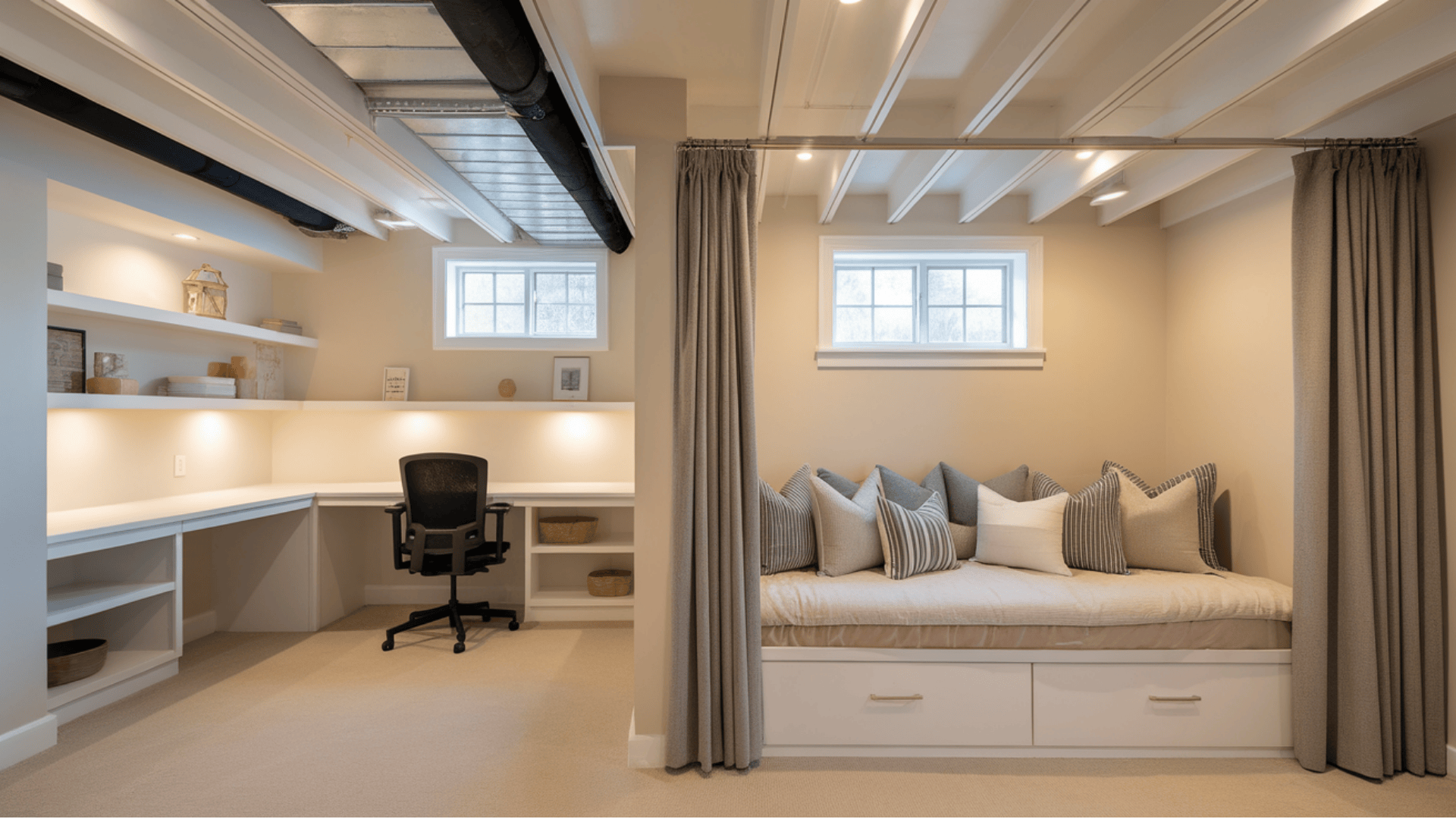 basement office and guest room with a desk, built-in shelves, and cushioned daybed
