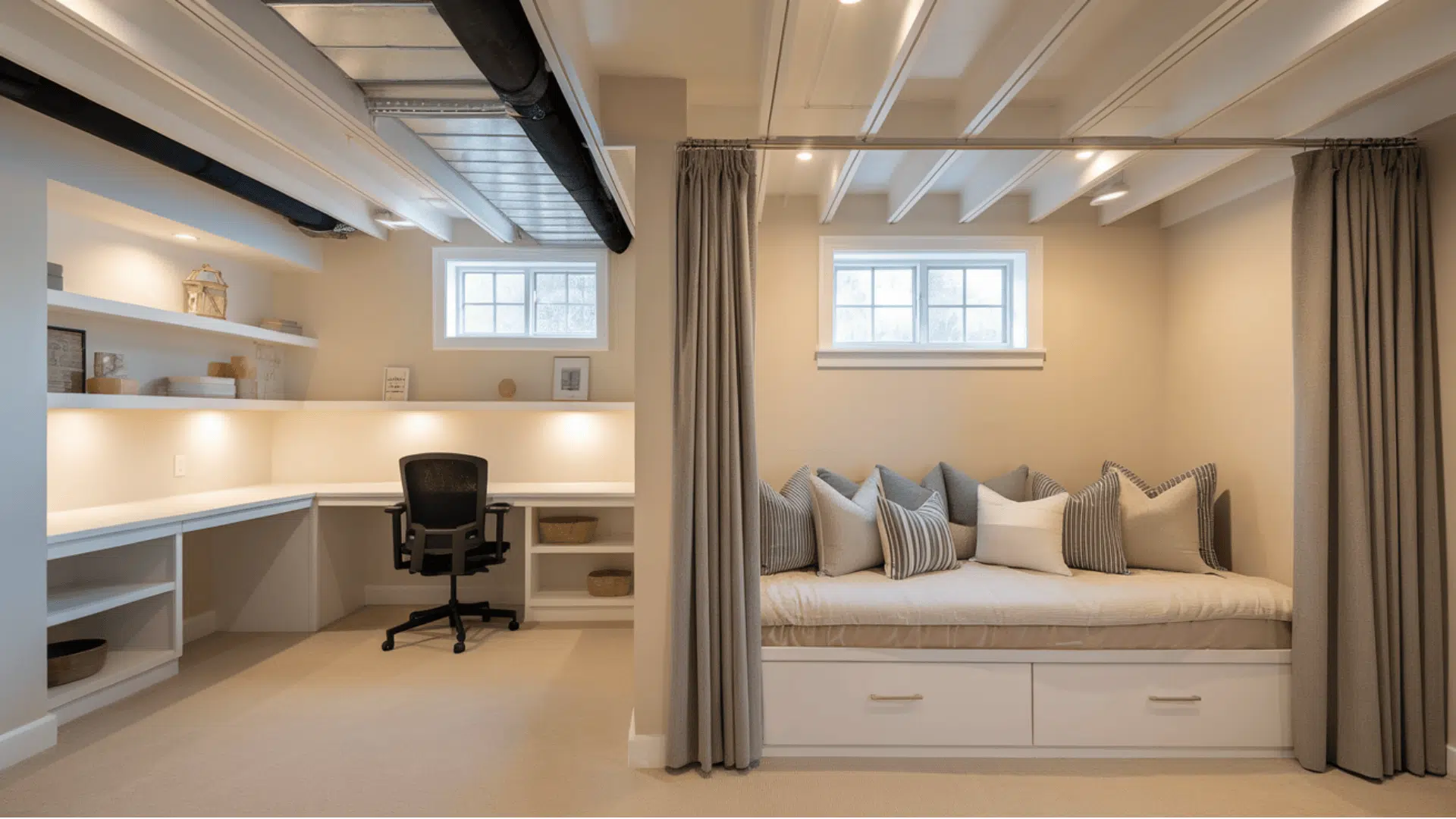 basement office and guest room with a desk, built-in shelves, and cushioned daybed