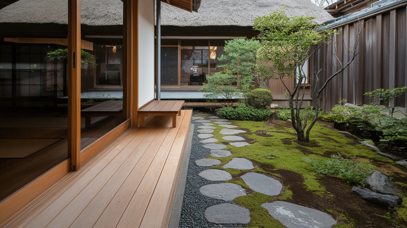 traditional Japanese engawa overlooking a peaceful garden with stone path and natural greenery.