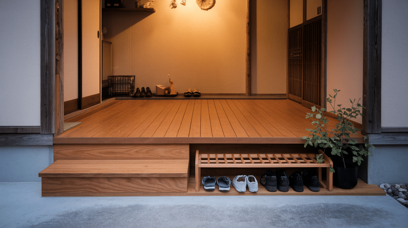 Japanese-style entryway with wood flooring, shoe rack, low step, and warm minimalist design.