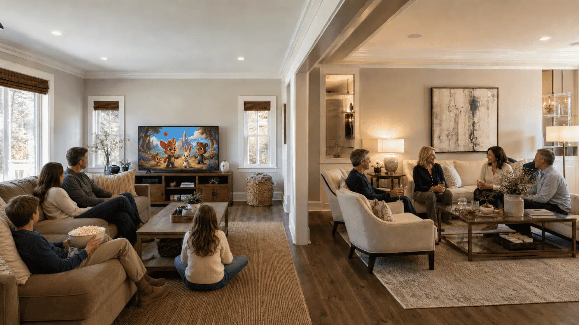 family watching a cartoon in a cozy family room beside guests talking in an elegant living room