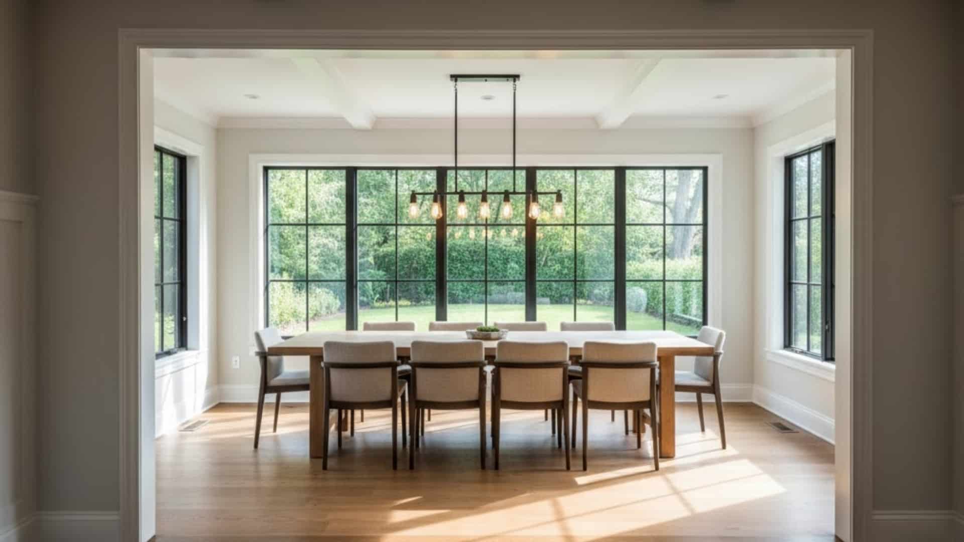 bright dining room extension with large windows, long dining table, and garden views.