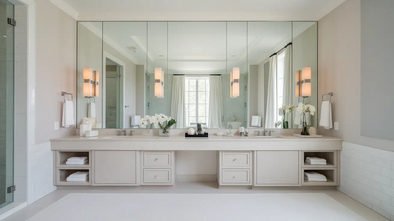 extra-long white vanity with two sinks, large mirrors, and open shelves underneath