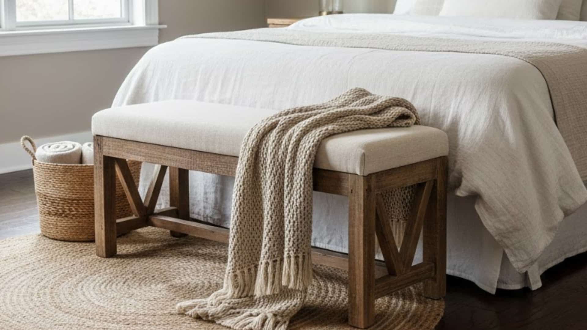wooden bench with a draped throw at the foot of a white farmhouse bed