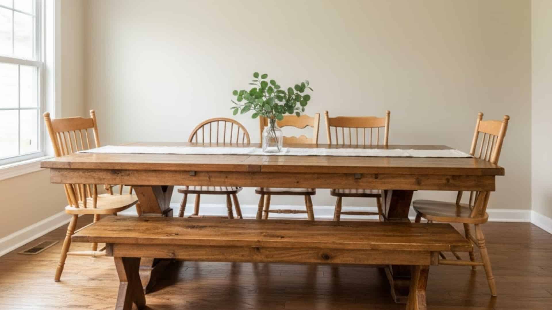 long wooden farmhouse dining table with benches, chairs, and a vase of greenery