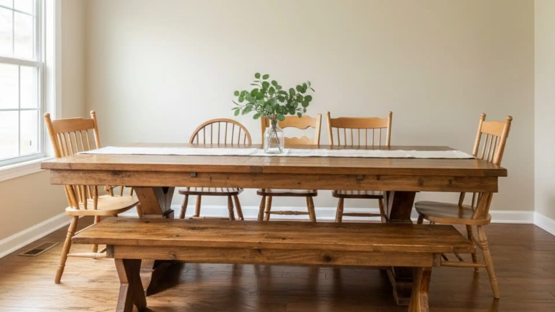 long wooden farmhouse dining table with benches, chairs, and a vase of greenery