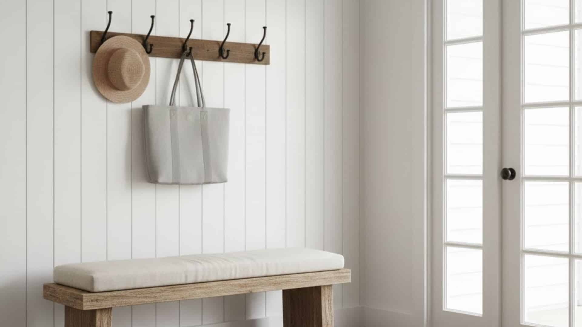 farmhouse entryway with a wooden bench, wall hooks, hats, and a hanging tote bag
