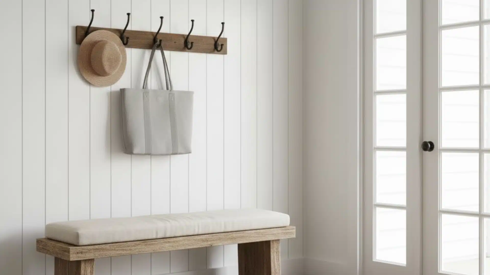farmhouse entryway with a wooden bench, wall hooks, hats, and a hanging tote bag
