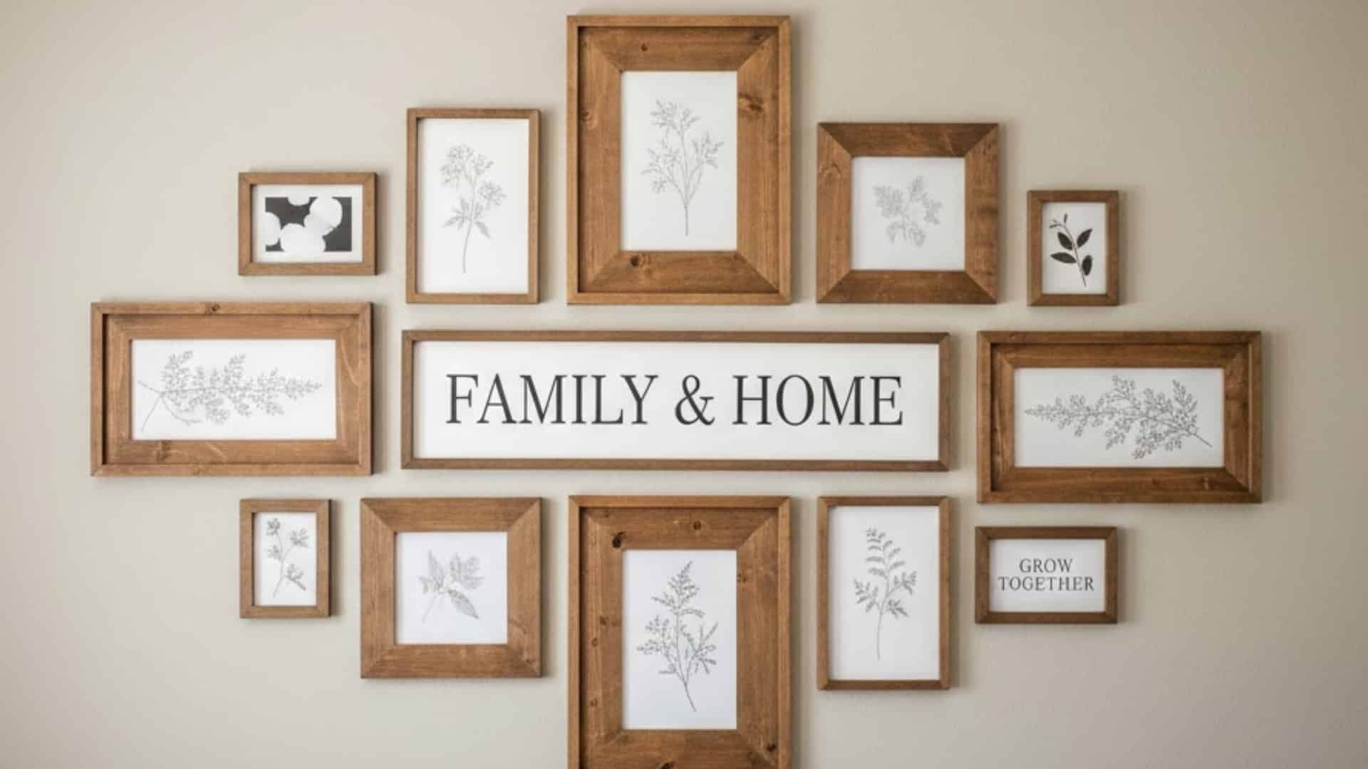 framed farmhouse prints arranged around a family and home sign on a neutral wall