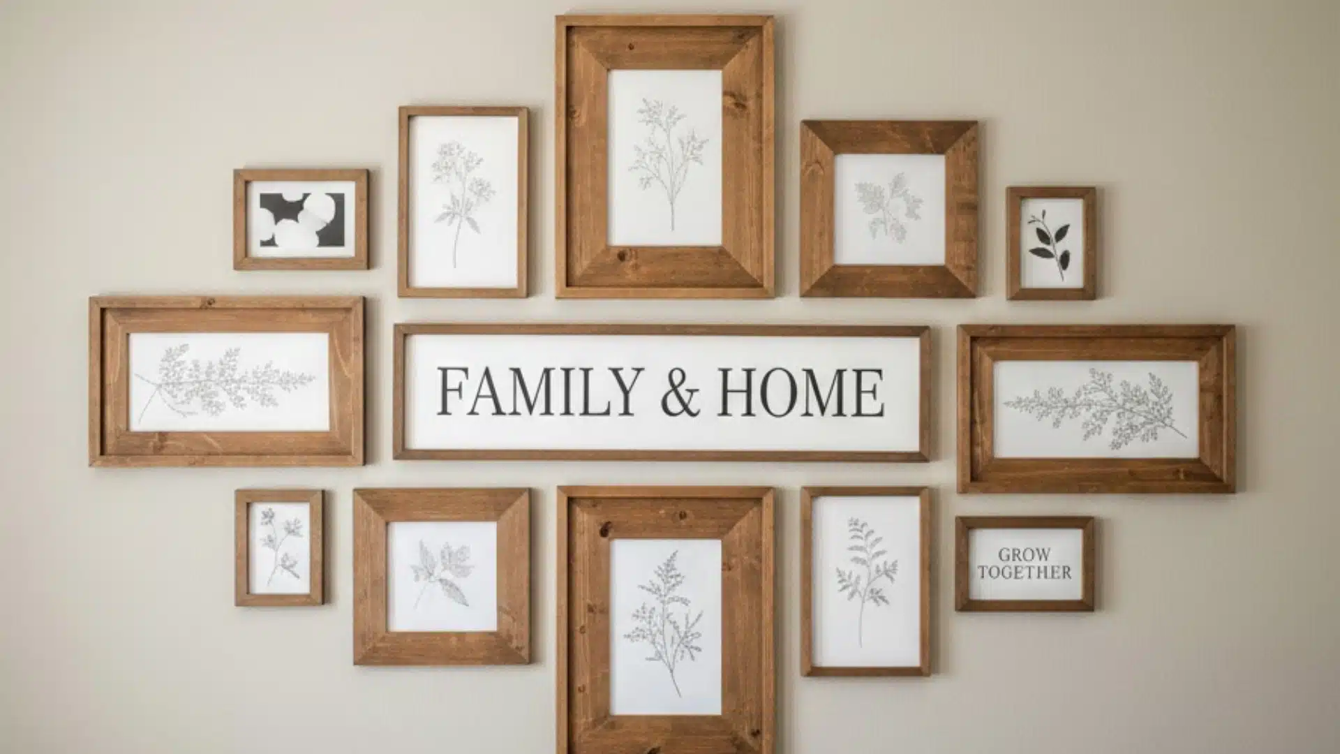 framed farmhouse prints arranged around a family and home sign on a neutral wall