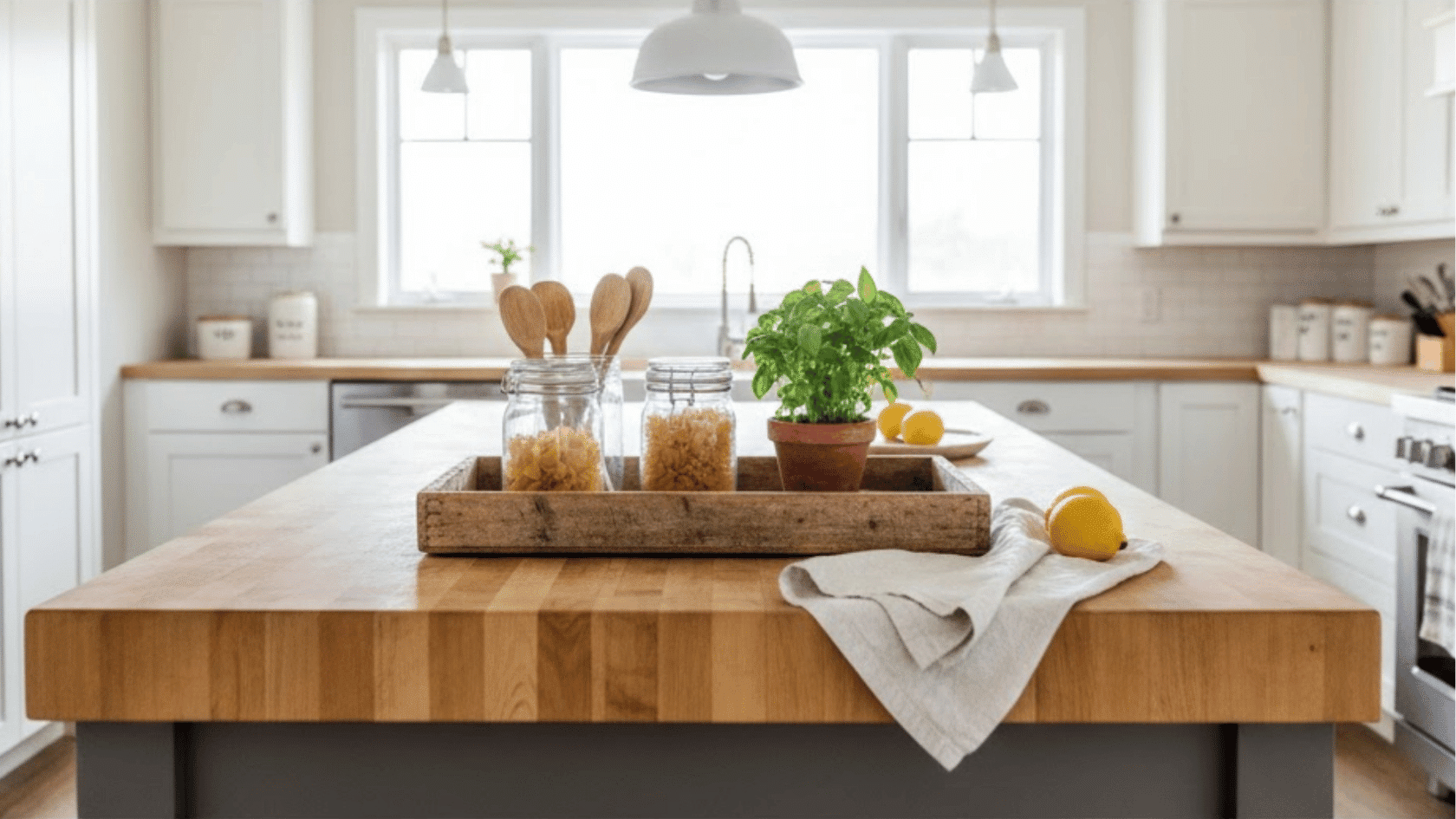 wooden kitchen island styled with plants, jars, utensils, and fresh lemons