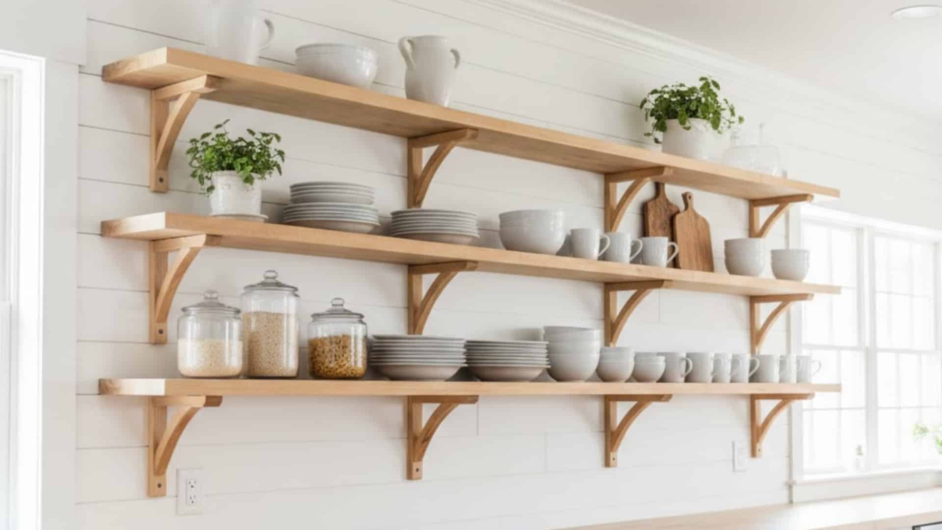 wooden open shelves displaying white dishes, jars, plants, and kitchen accessories