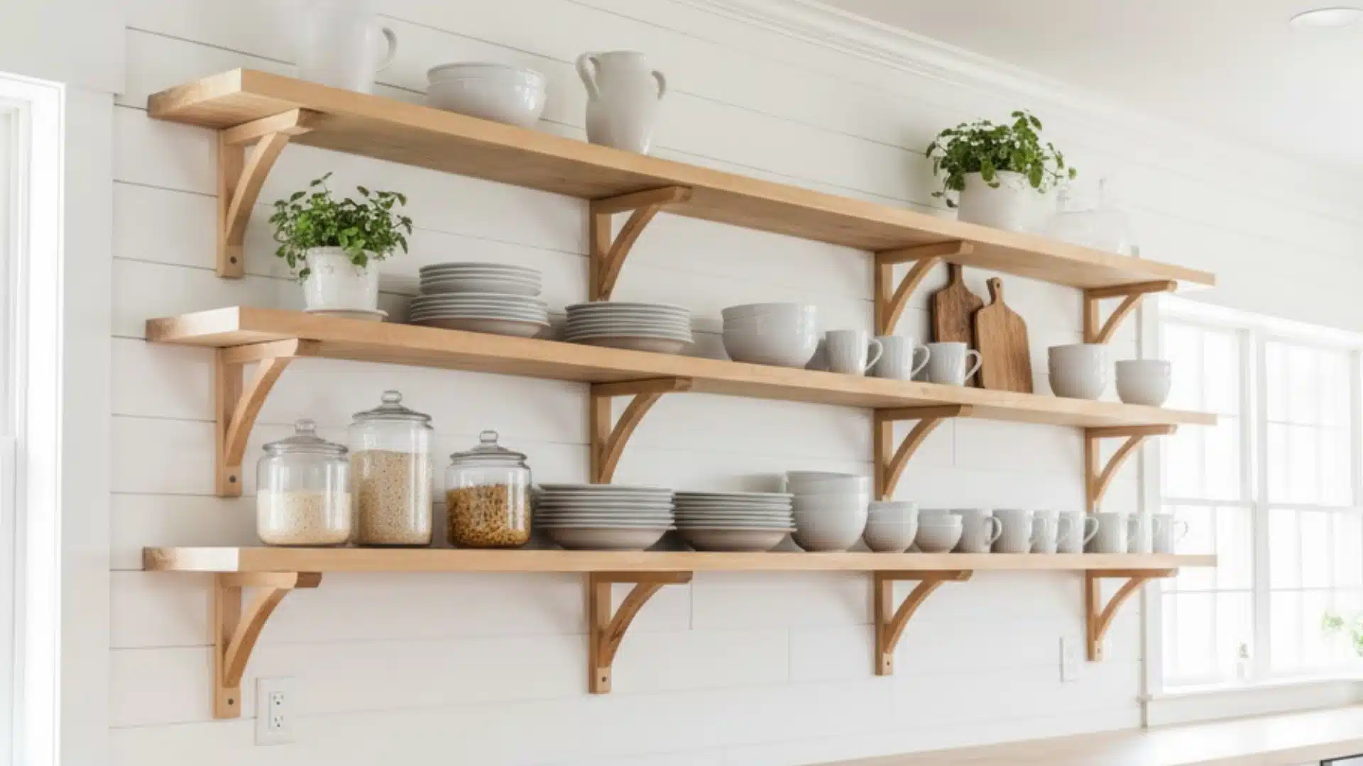 wooden open shelves displaying white dishes, jars, plants, and kitchen accessories