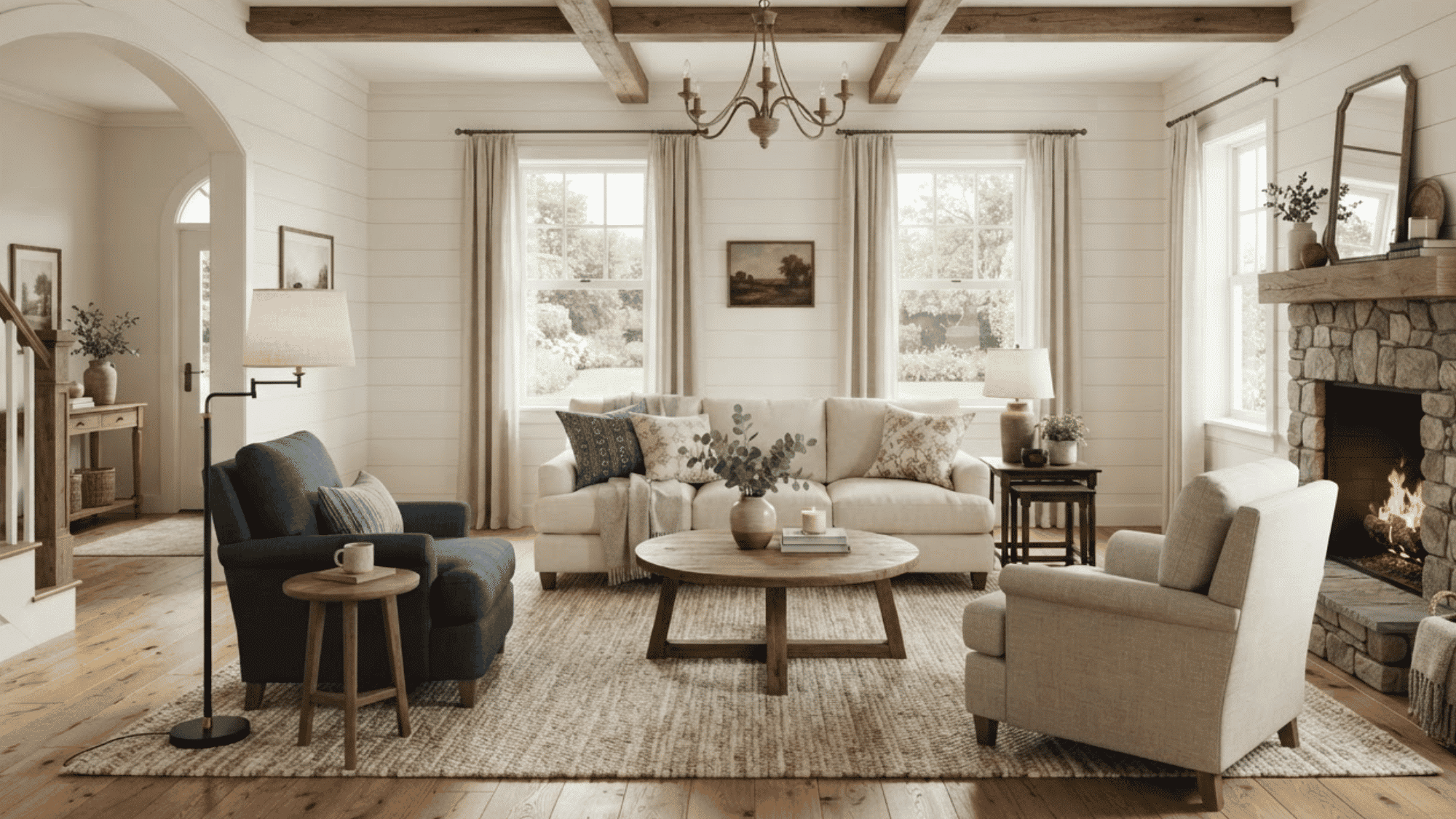 Farmhouse seating layout with a sofa, two chairs, central table, side tables, and open walkways.