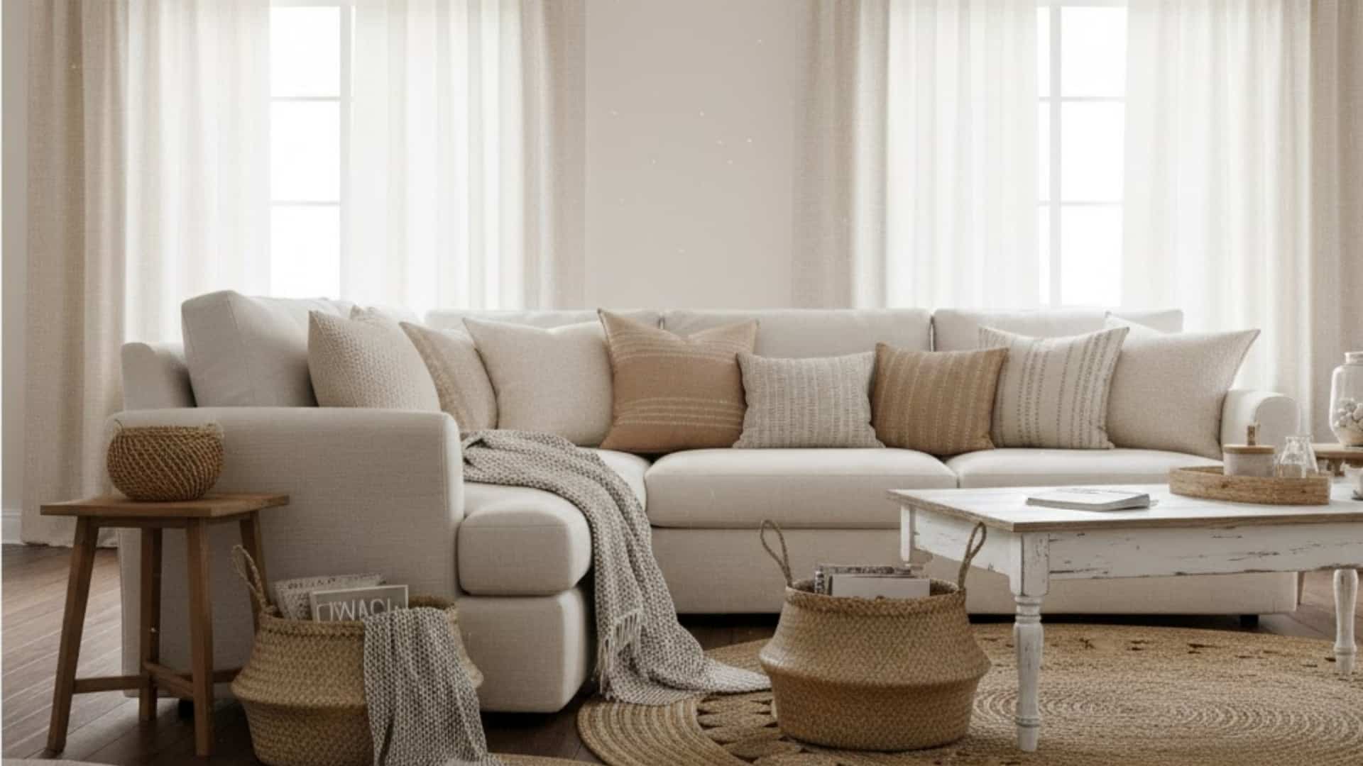 neutral farmhouse living room with linen seating, woven baskets, cushions, and throws