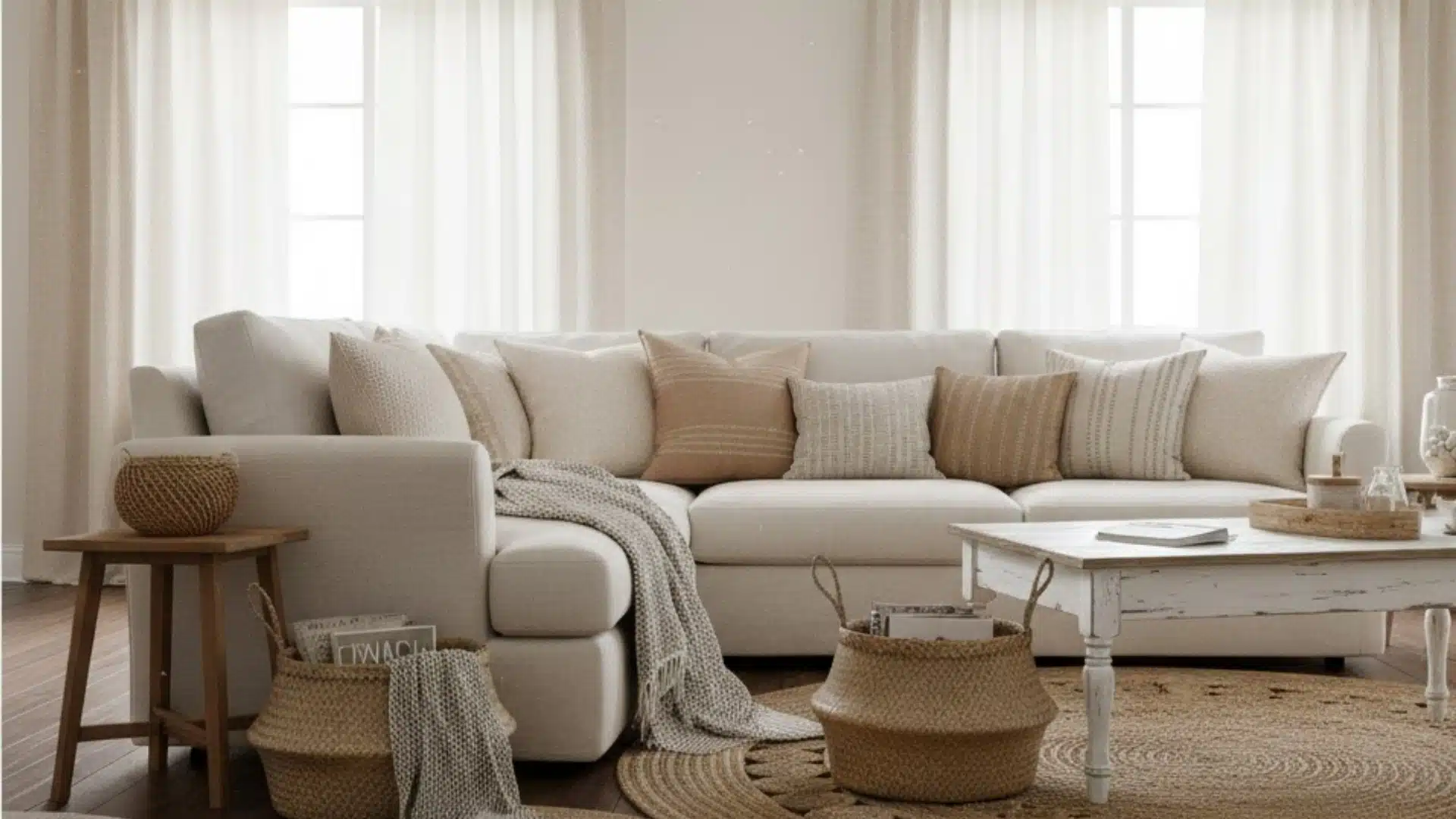 neutral farmhouse living room with linen seating, woven baskets, cushions, and throws