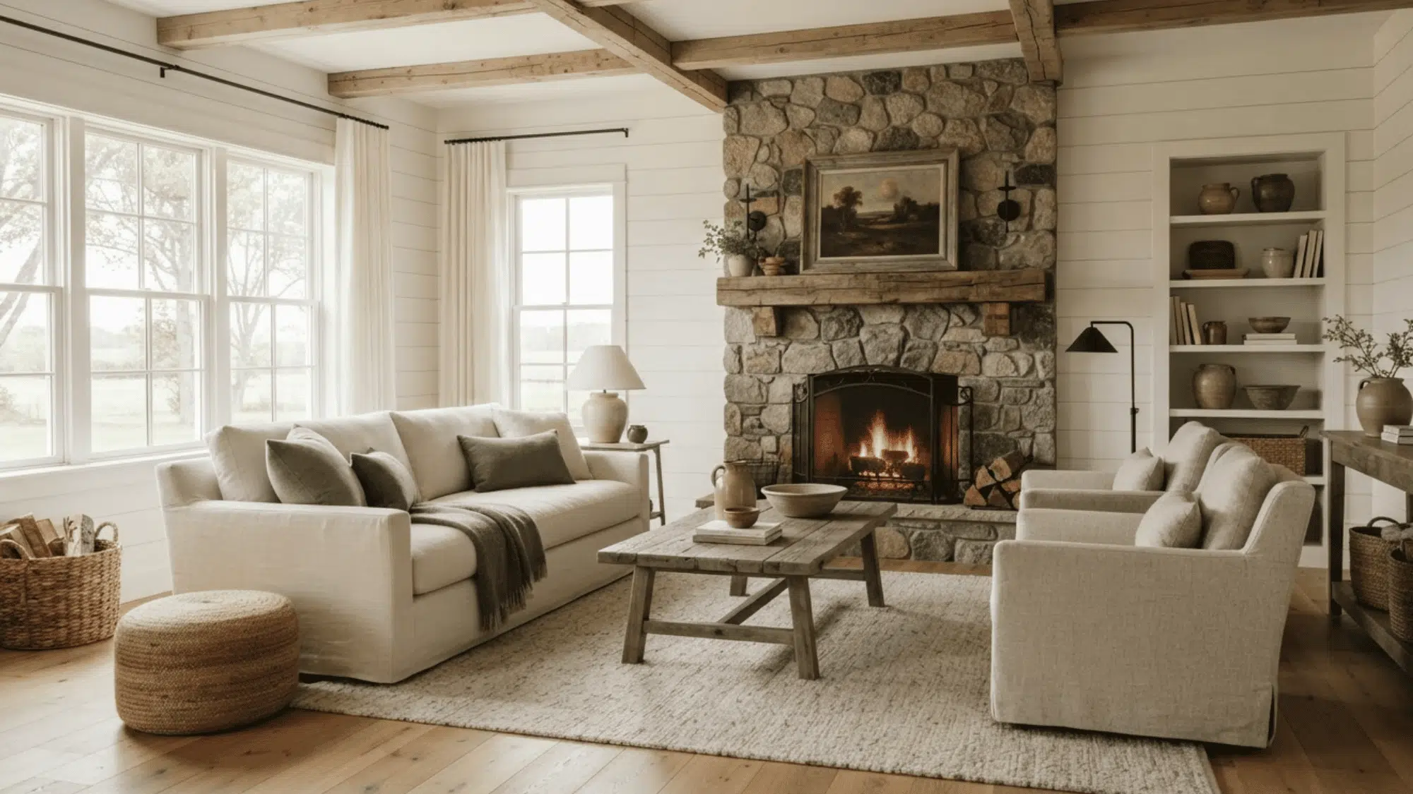 Warm farmhouse living room with cream seating, wood beams, stone fireplace, and soft neutral decor.