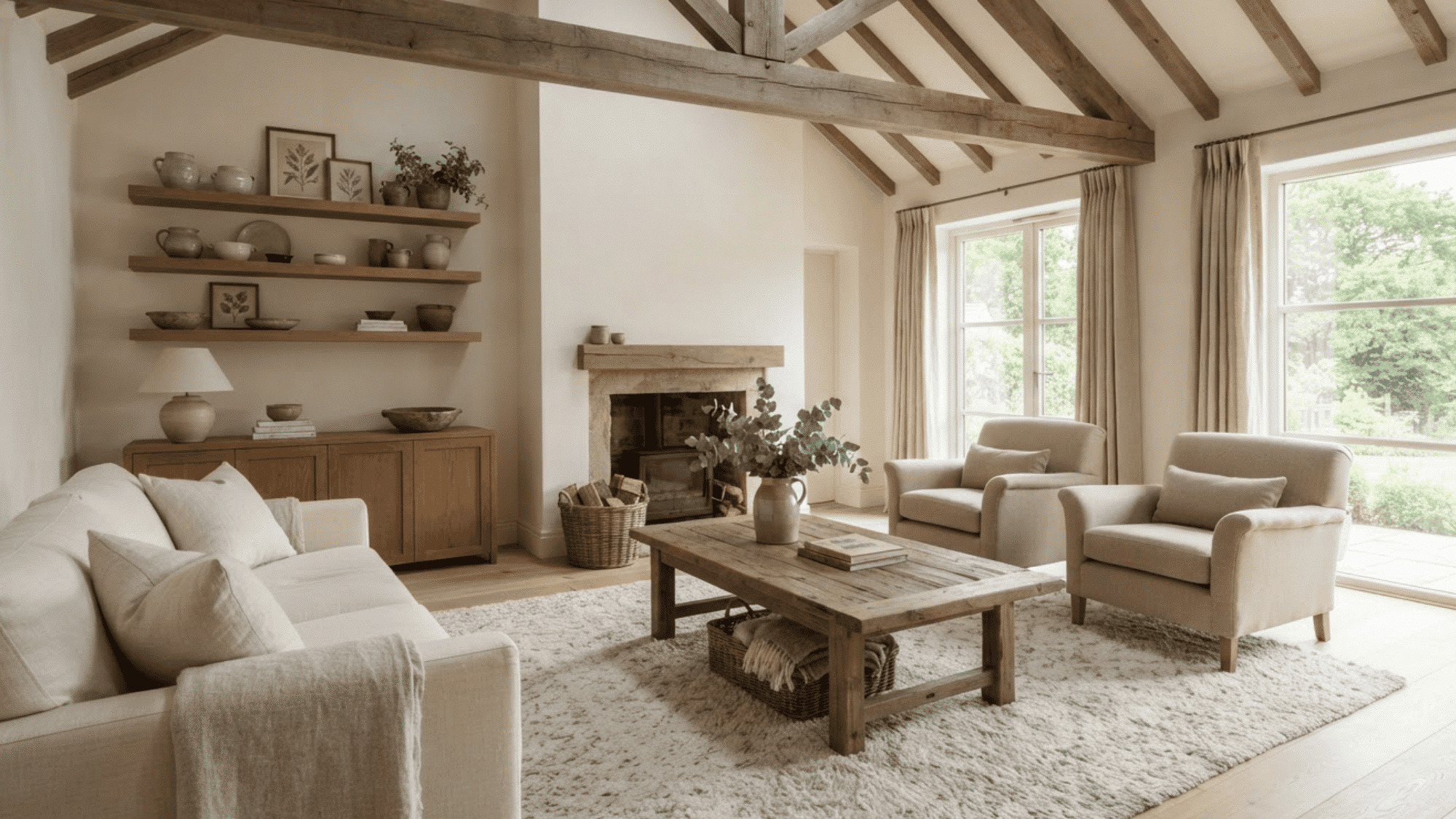 farmhouse living room with mixed wood tones, exposed beams, oak floors, shelves, and soft seating.