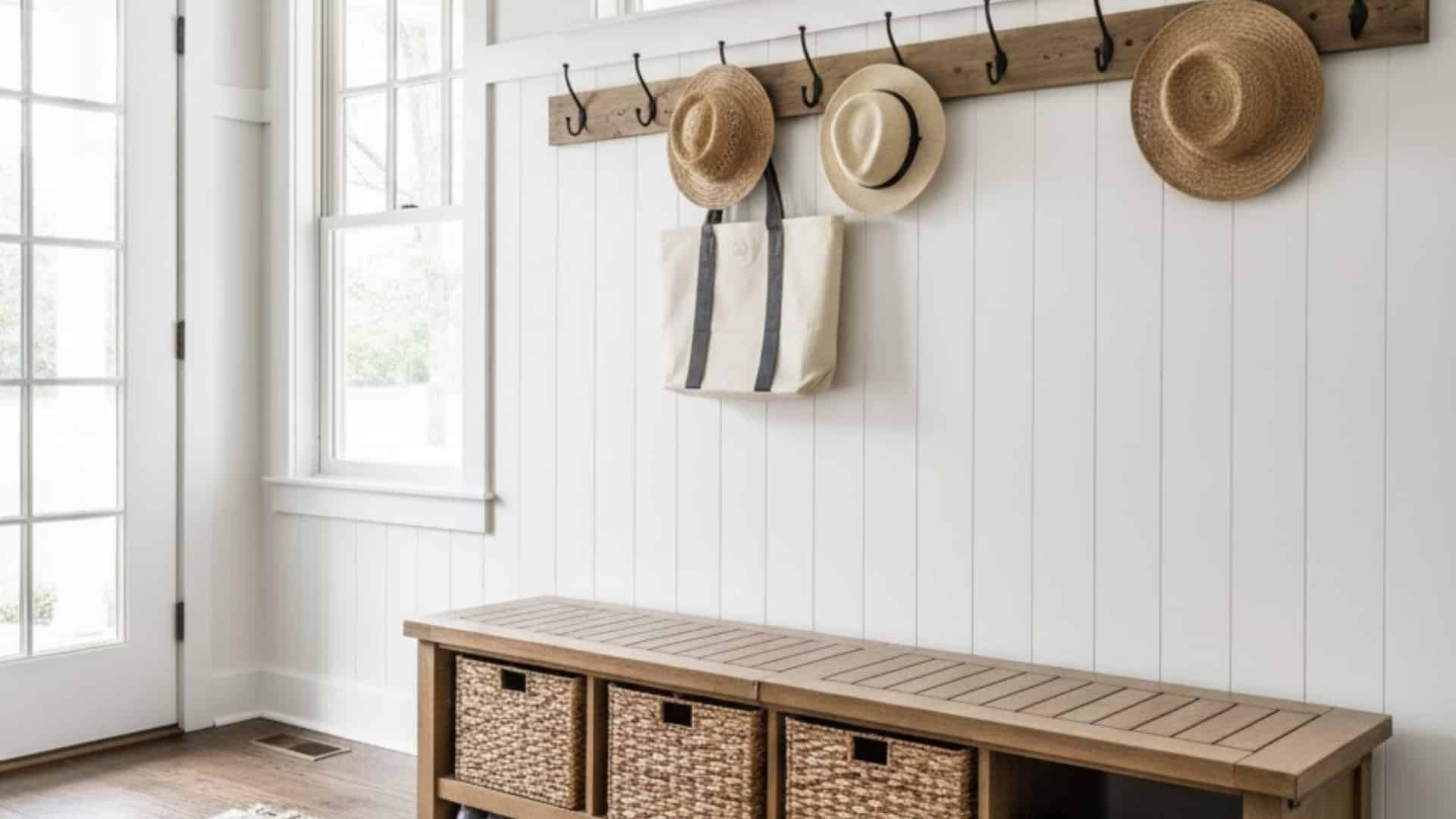 wooden mudroom bench with woven baskets, wall hooks, hats, and hanging bags