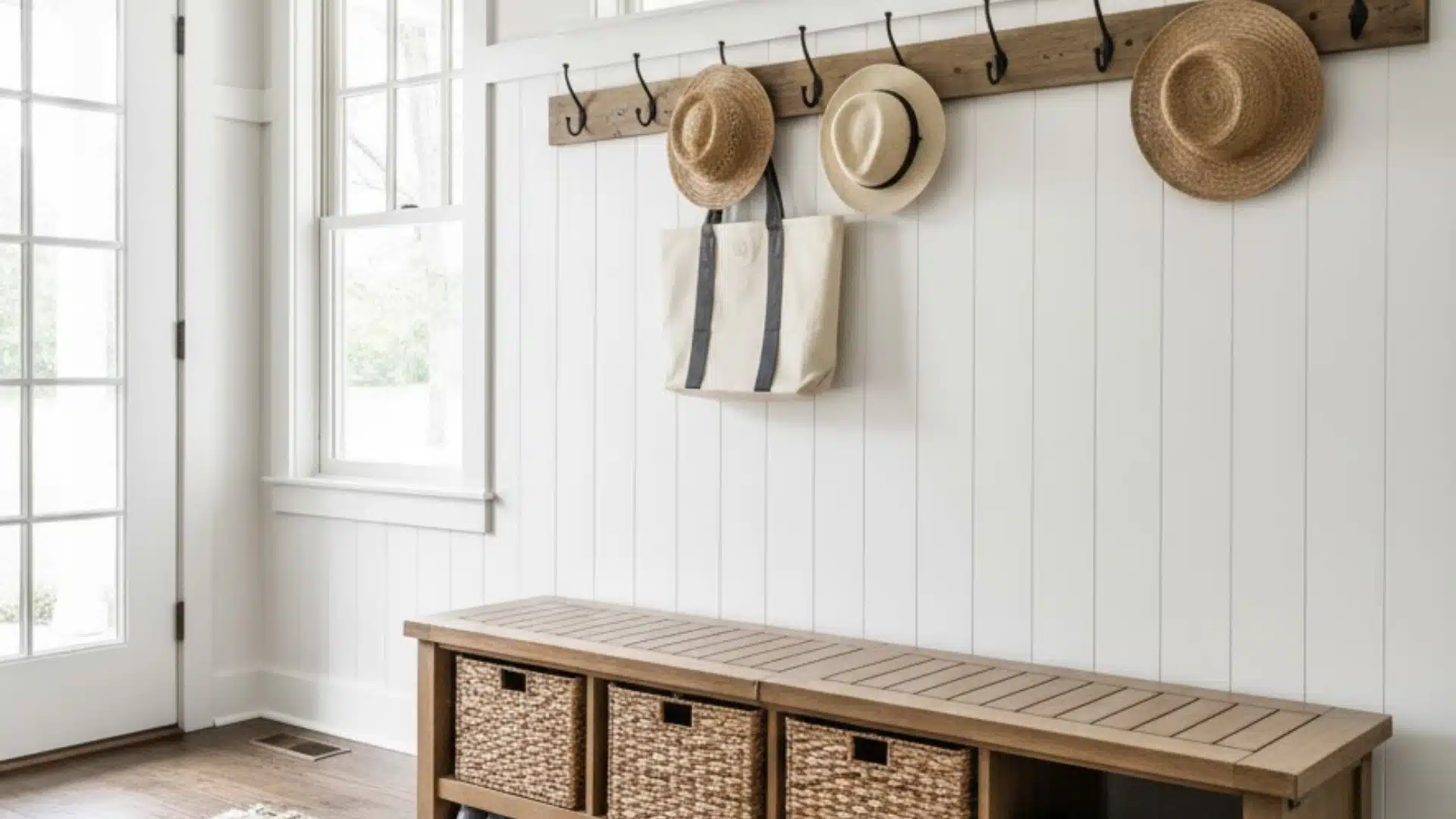 wooden mudroom bench with woven baskets, wall hooks, hats, and hanging bags