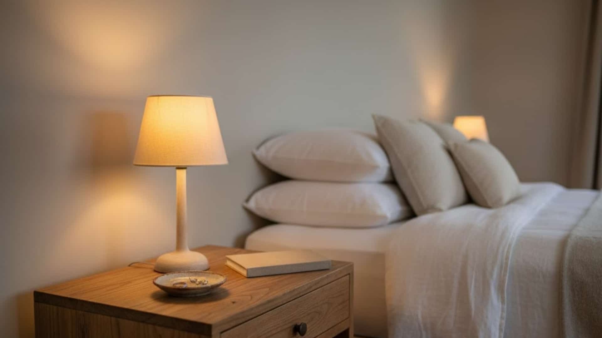 wooden nightstand with a lamp, books, and small decor beside a neutral bed
