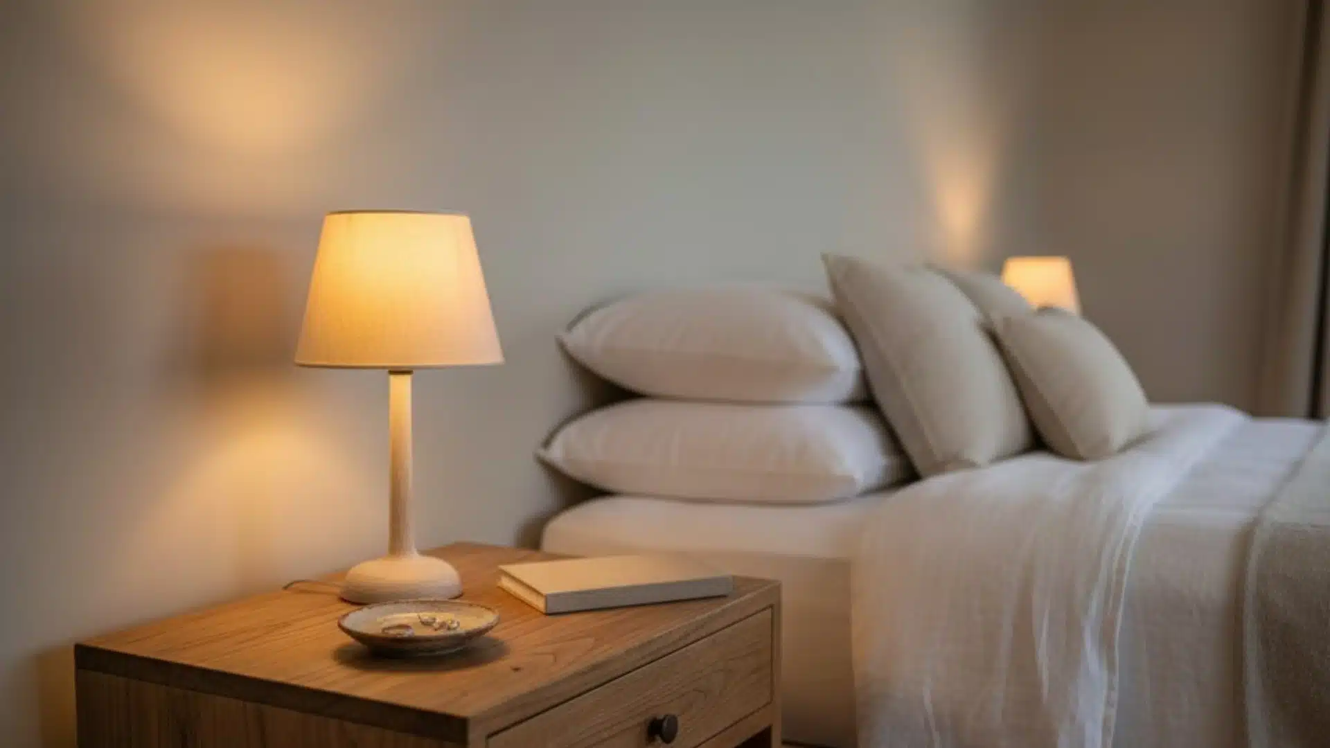 wooden nightstand with a lamp, books, and small decor beside a neutral bed