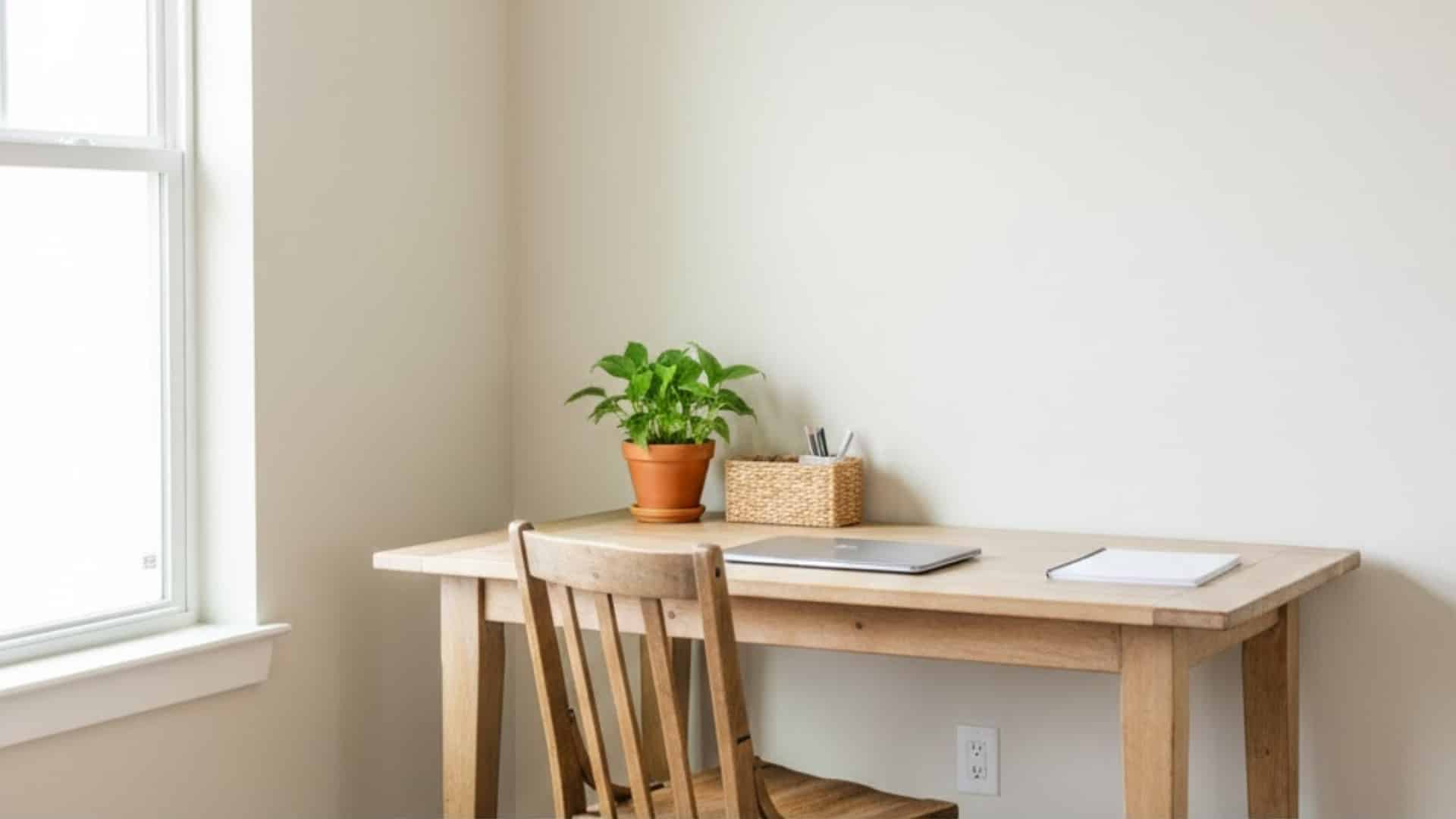simple wooden desk with a chair, plant, notebooks, and natural light from a window