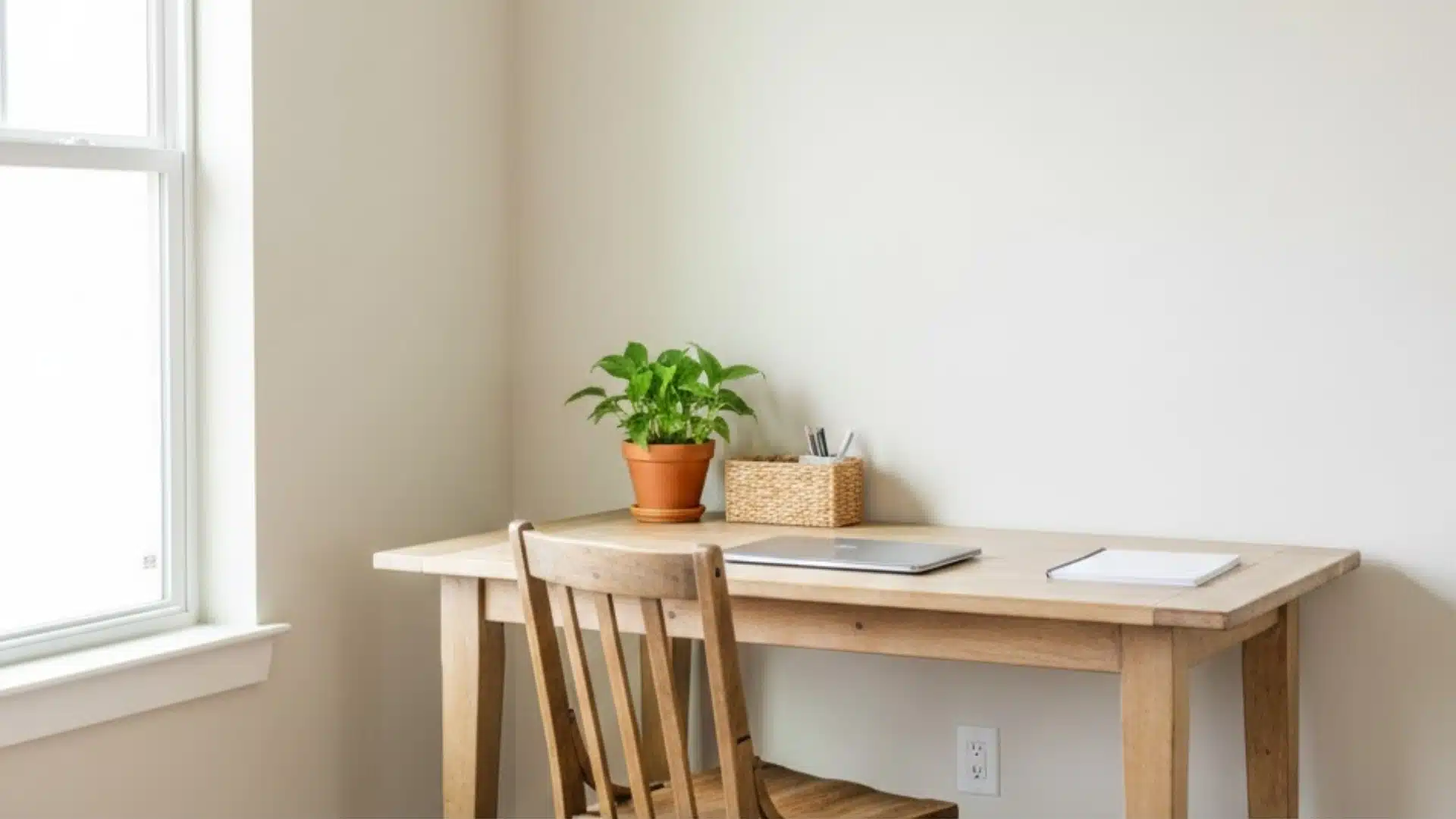 simple wooden desk with a chair, plant, notebooks, and natural light from a window