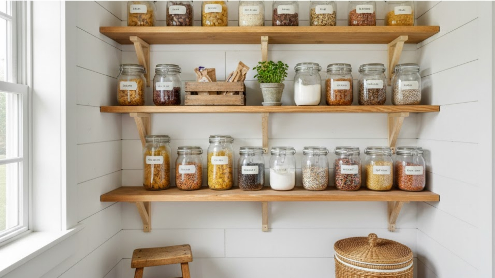wooden pantry shelves lined with labelled glass jars, baskets, and kitchen supplies