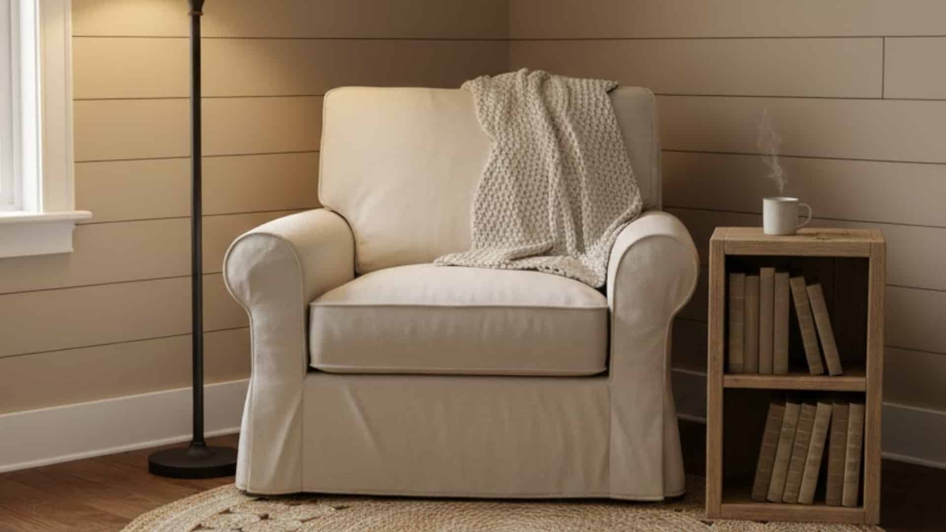 cream armchair with a knitted throw beside a small bookshelf in a quiet reading nook
