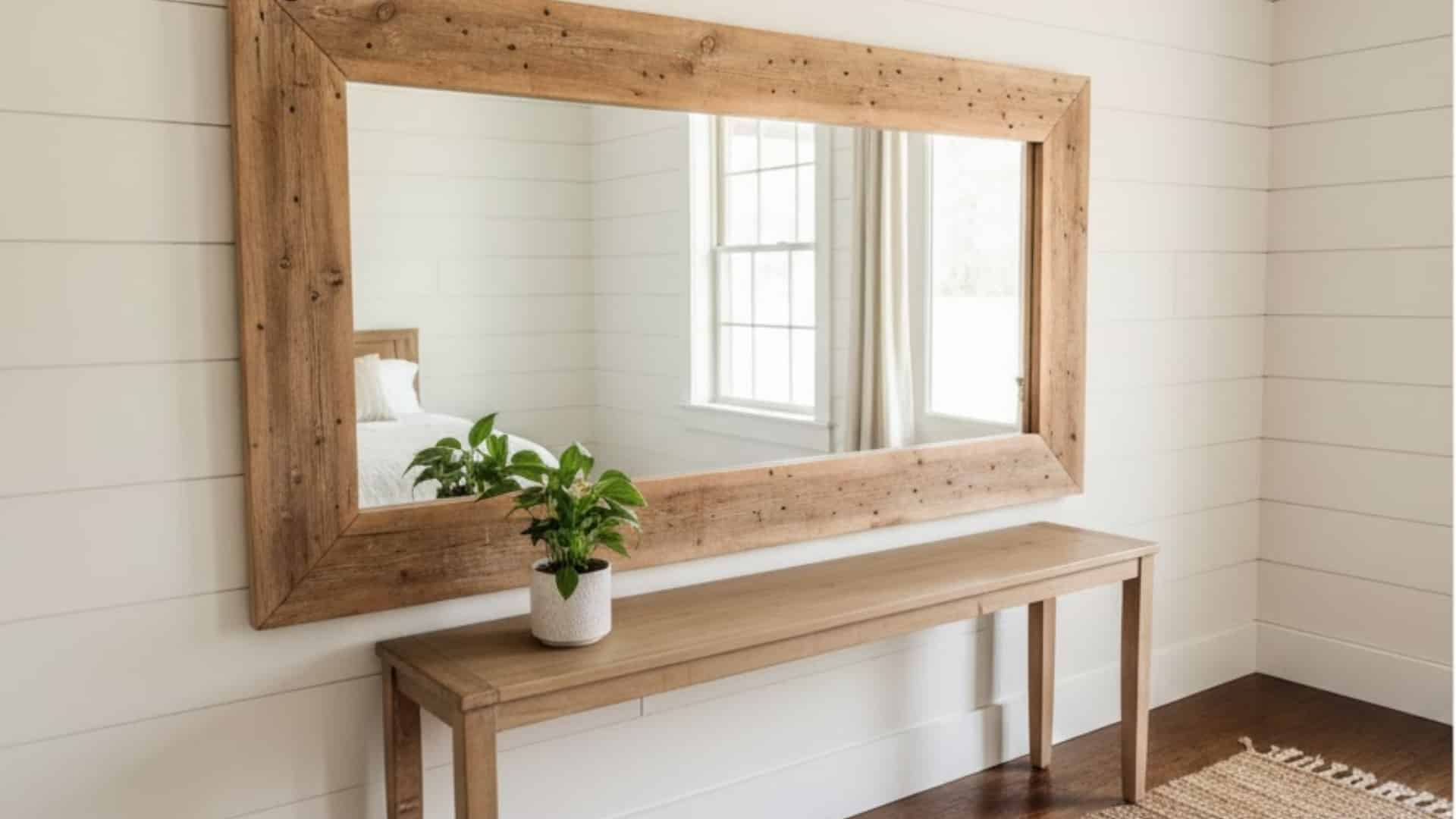large rustic wood-framed mirror above a slim console table with a potted plant
