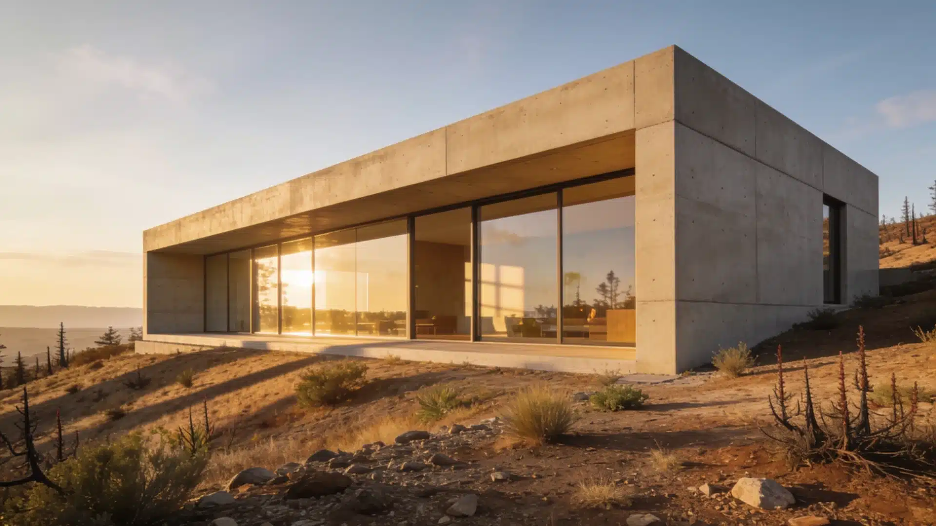 finished ICF home exterior with stucco siding in a wildfire-prone area