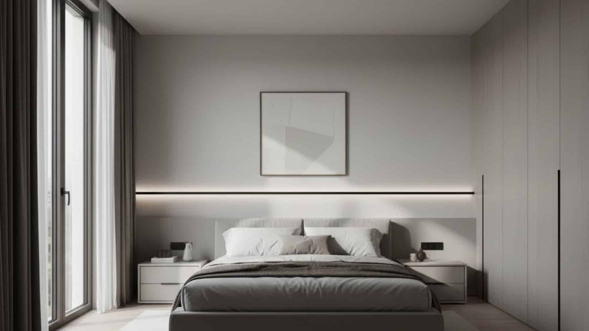 modern bedroom with a floating chair rail and illuminated shadow gap behind the bed