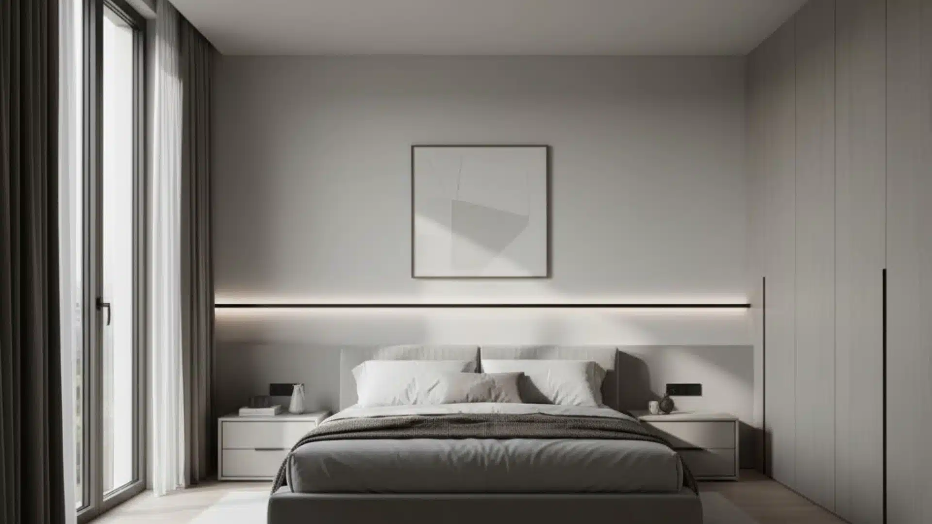 modern bedroom with a floating chair rail and illuminated shadow gap behind the bed