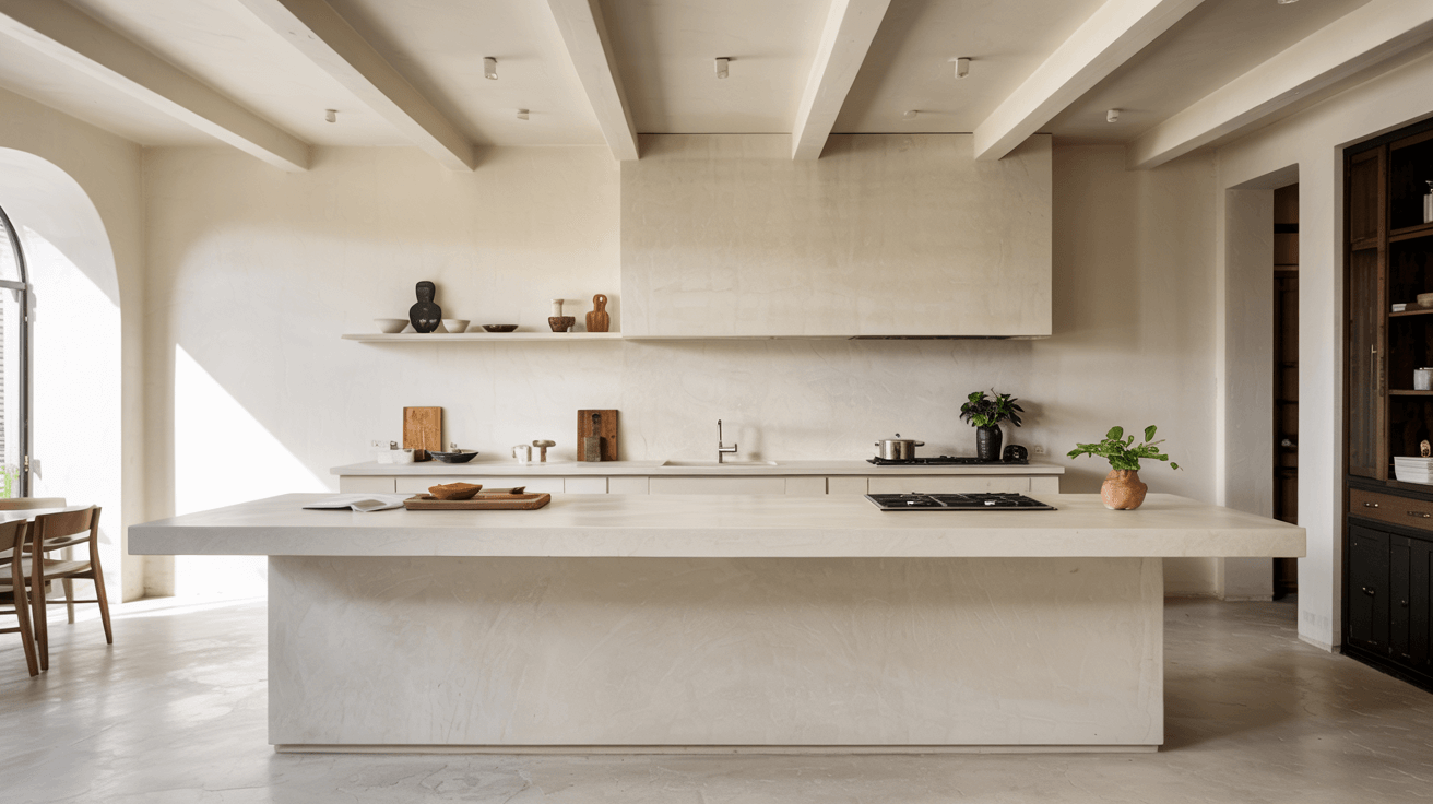 open-plan kitchen with a floating white island, wood beams, and minimalist shelving
